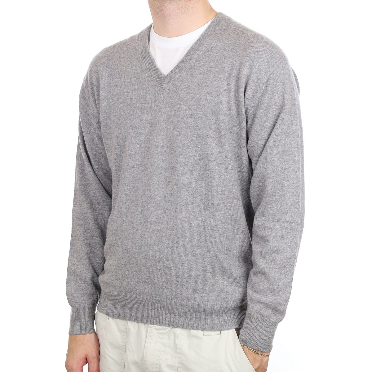 Men's Smoke Grey Cashmere V Neck Jumper Large