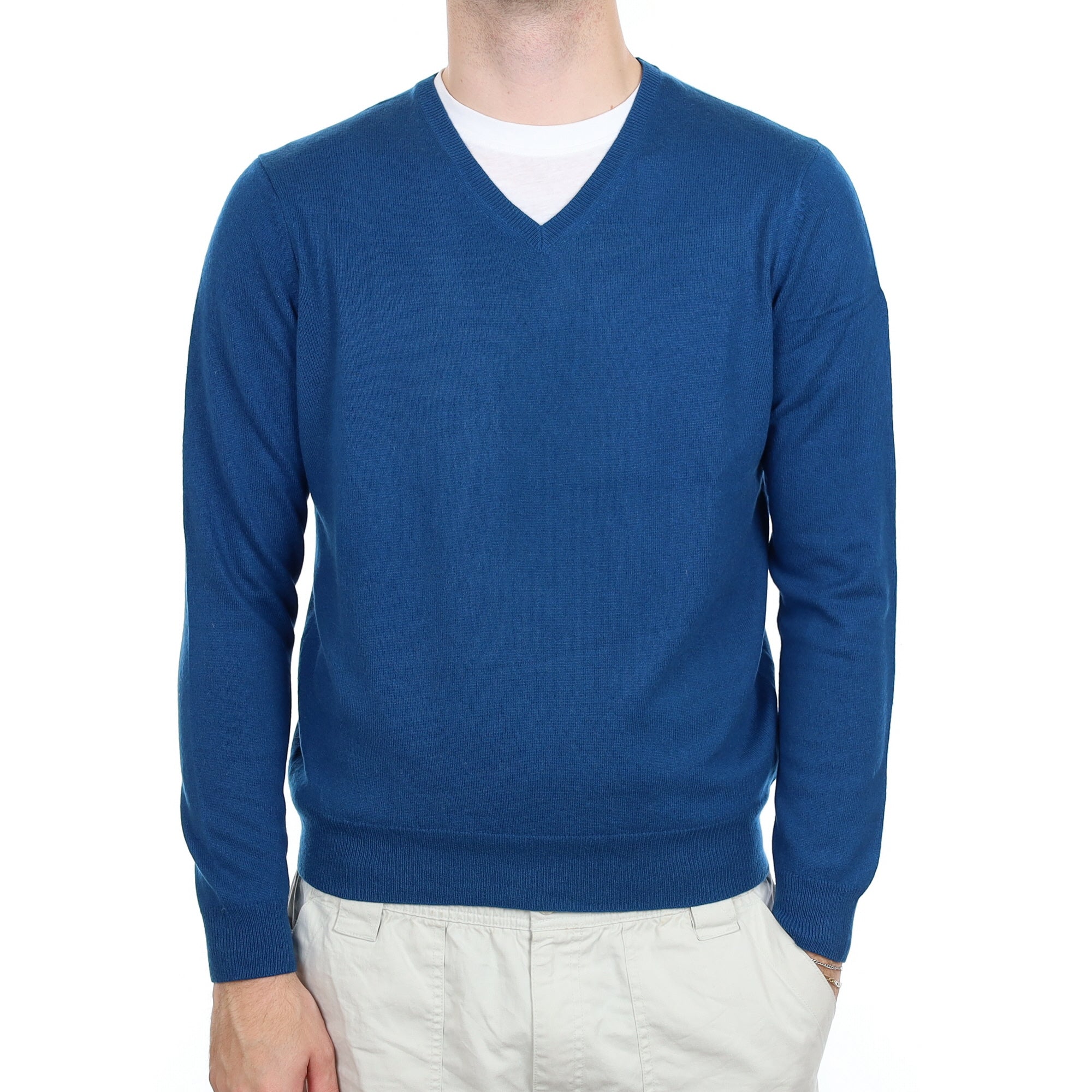 Men's Teal Blue Cashmere V Neck Jumper Large