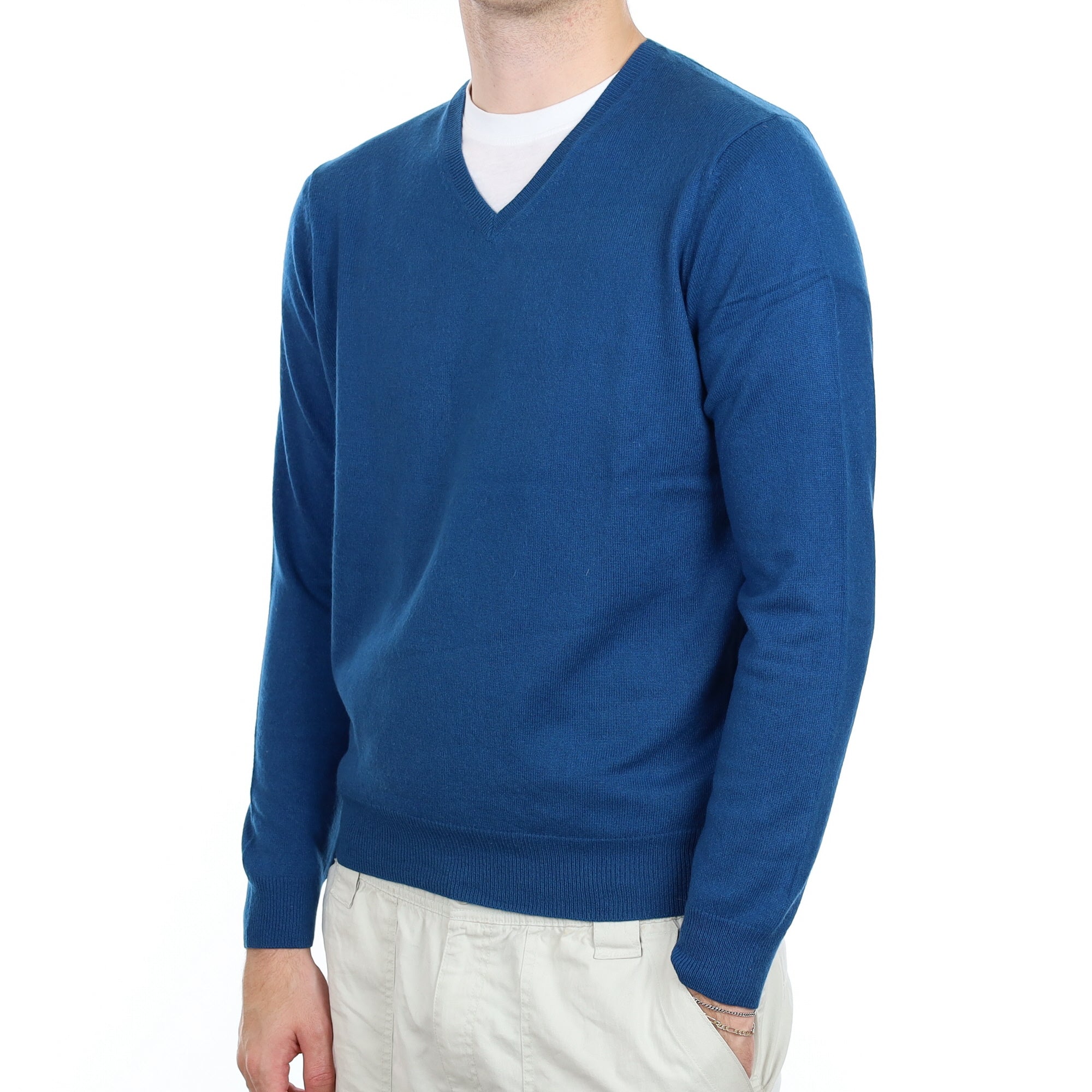 Men's Teal Blue Cashmere V Neck Jumper Large
