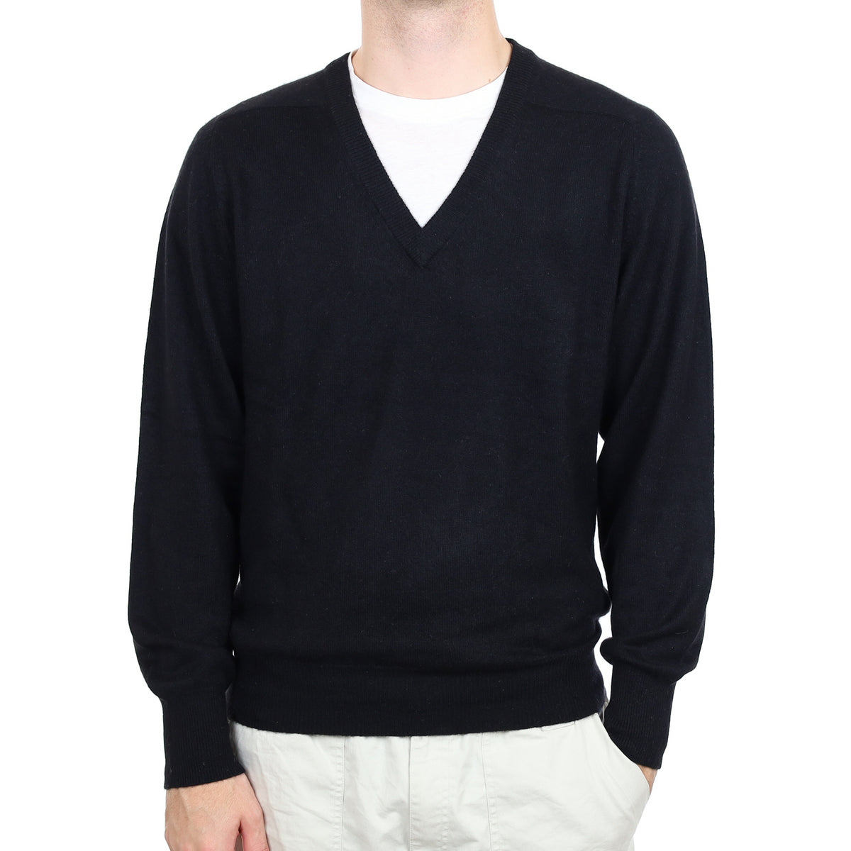 Men's Black Cashmere V Neck Jumper Large