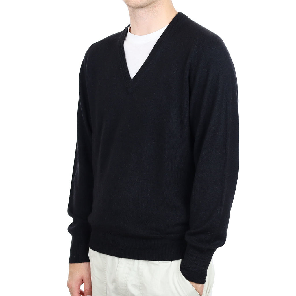 Men's Black Cashmere V Neck Jumper Large
