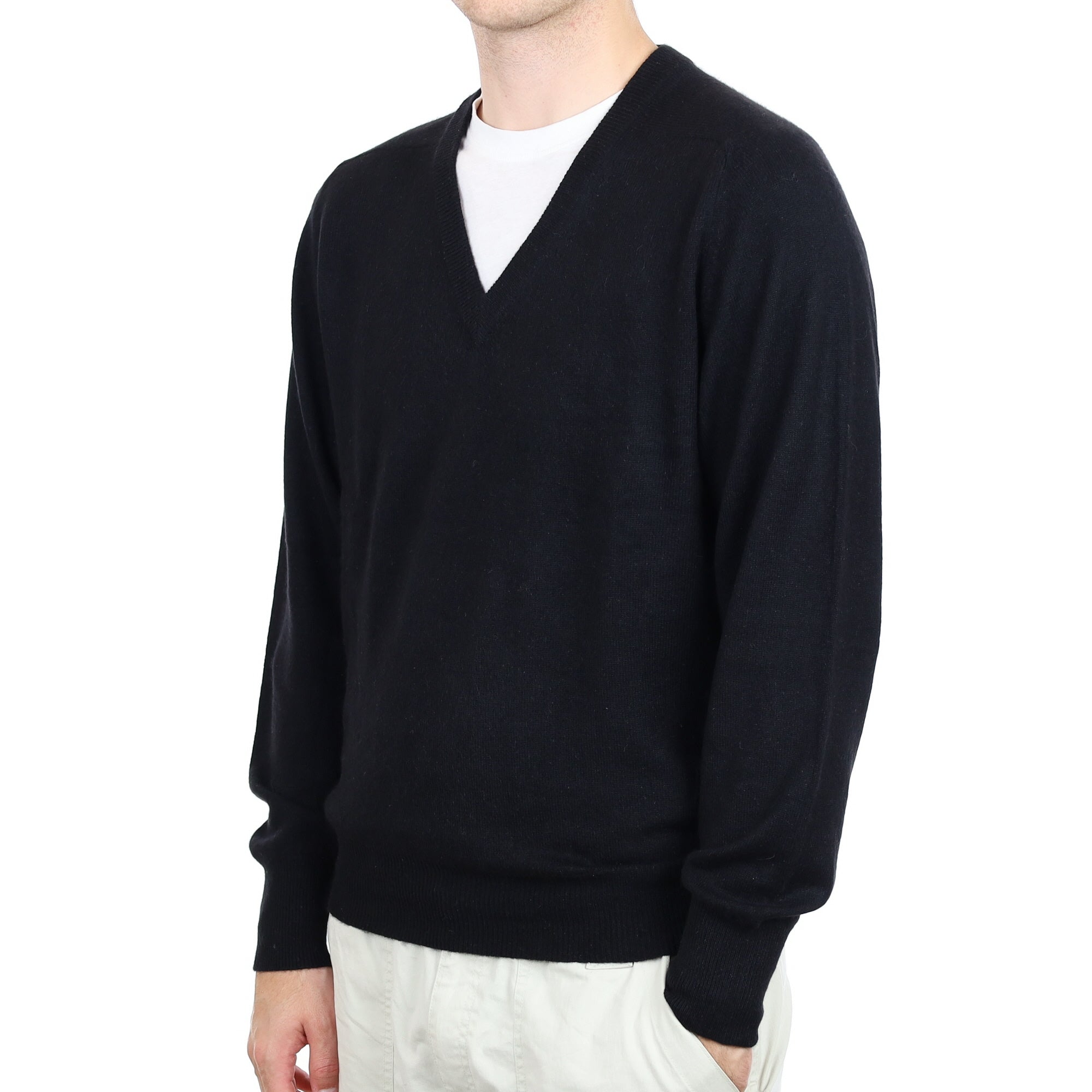 Men's Black Cashmere V Neck Jumper Large