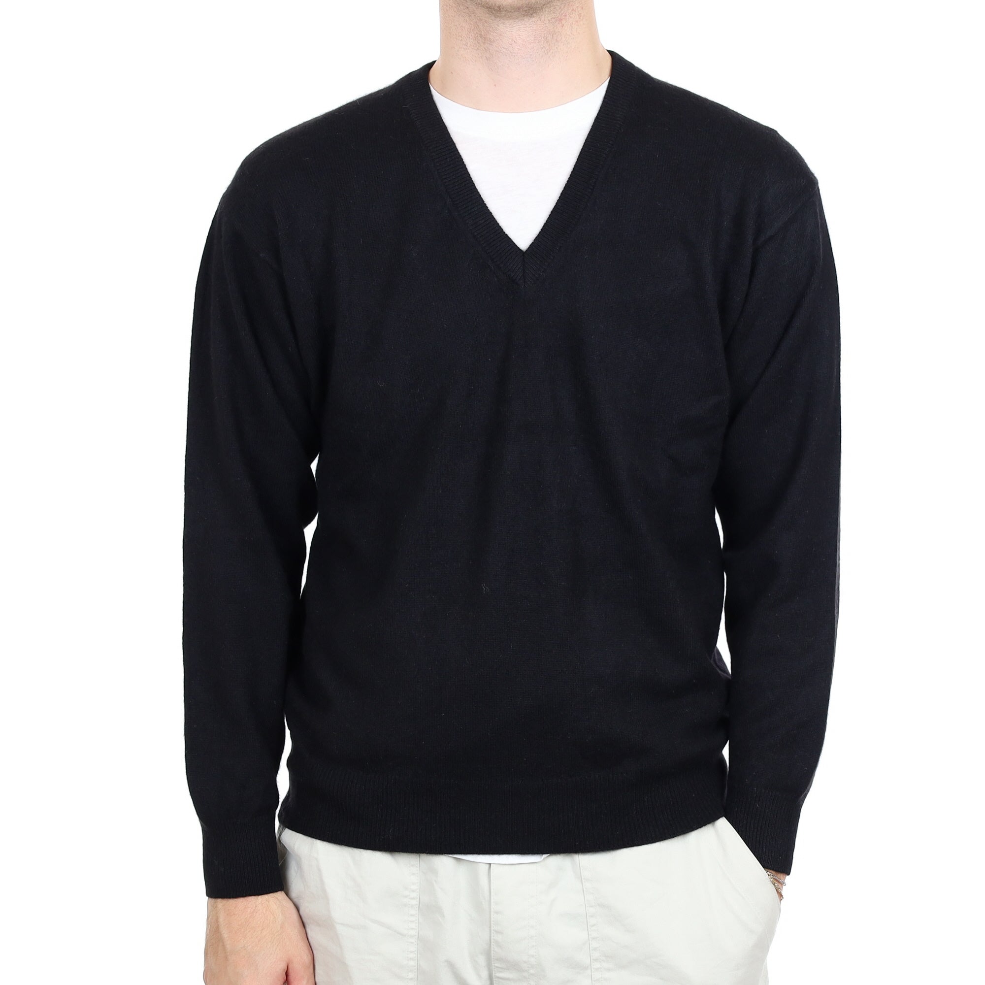 Men's Black Cashmere V Neck Jumper Large