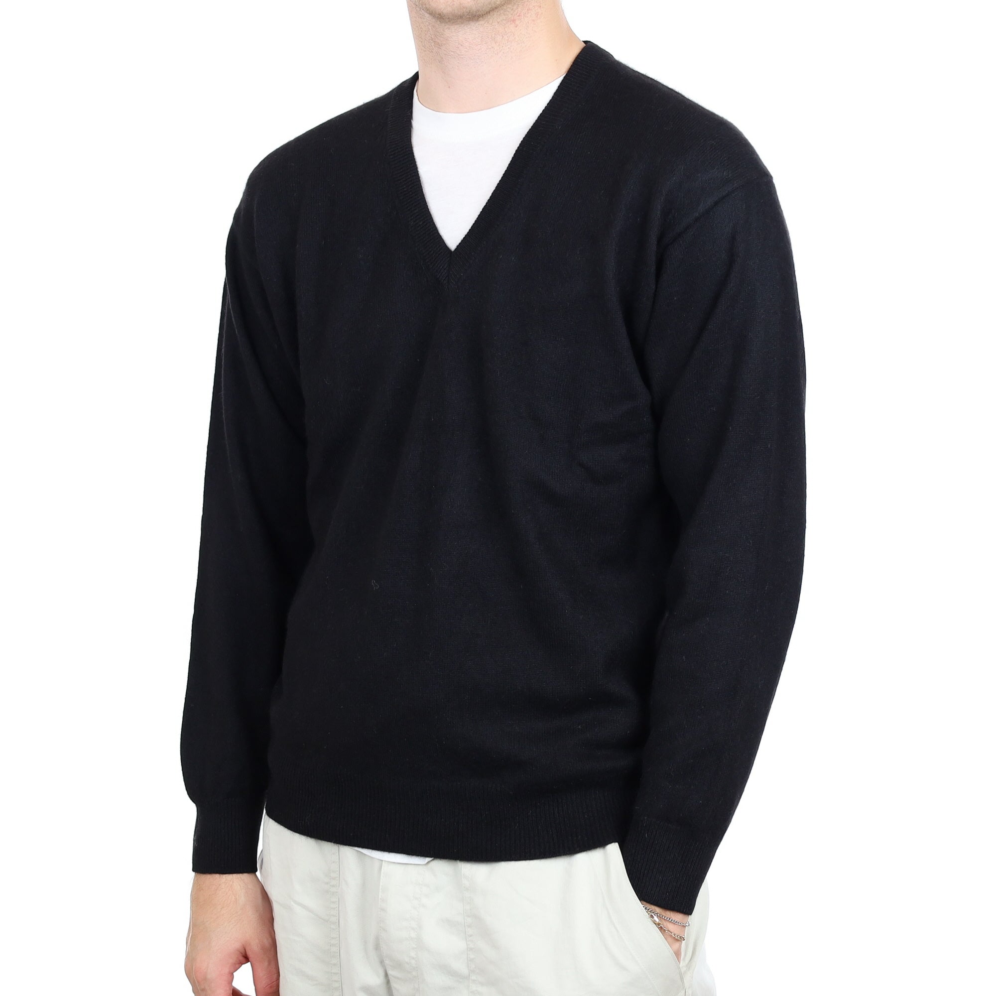 Men's Black Cashmere V Neck Jumper Large