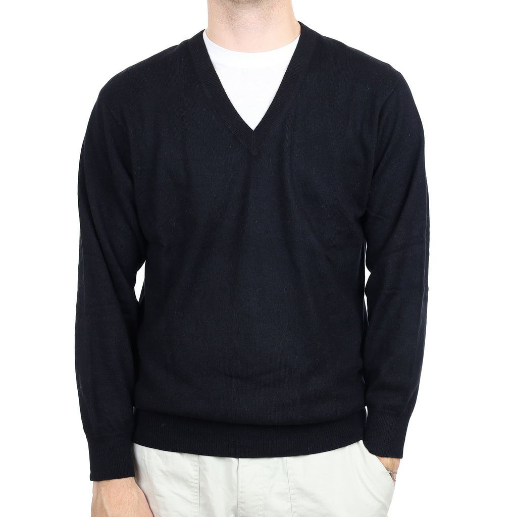 Men's Italian Black Cashmere V Neck Jumper Large