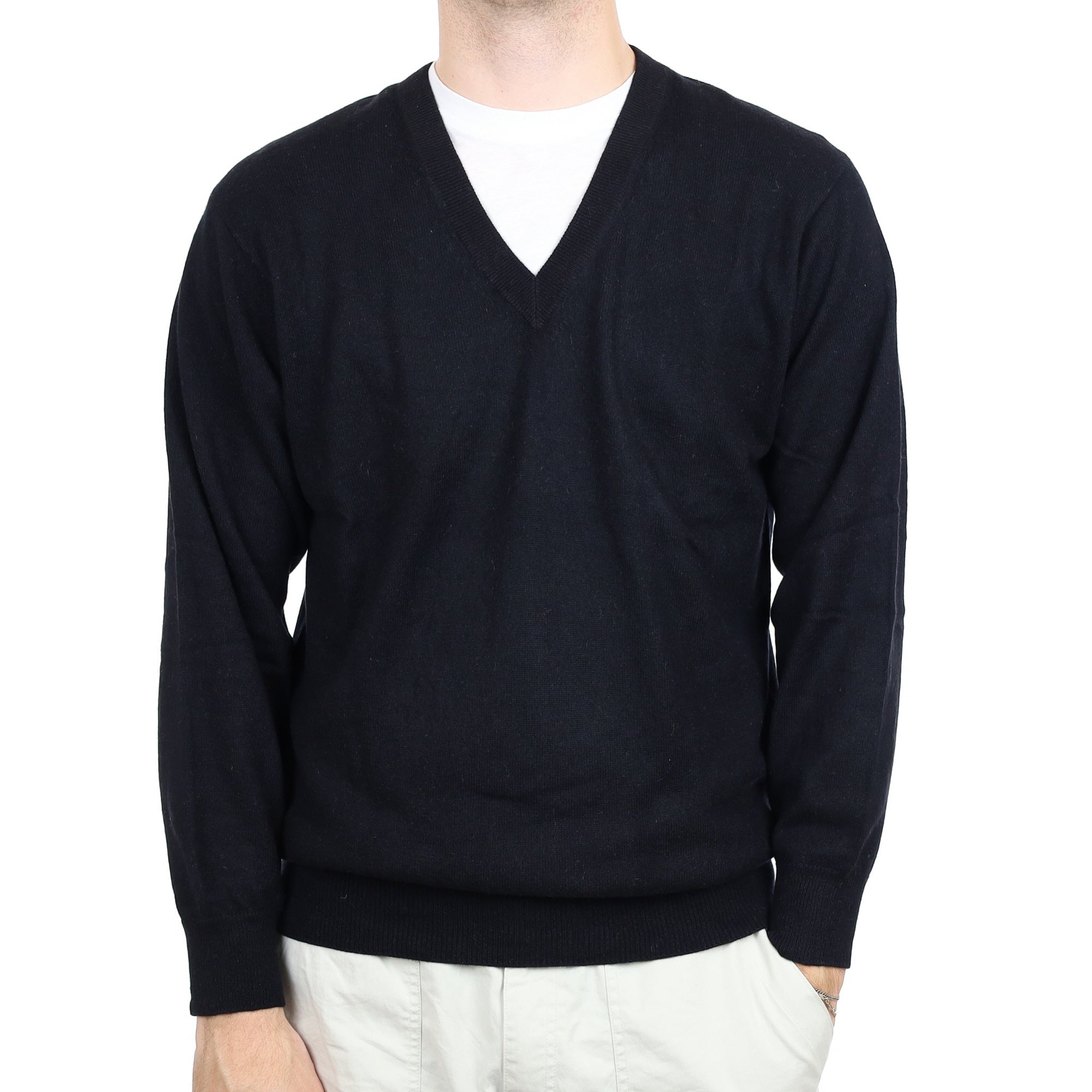 Men's Italian Black Cashmere V Neck Jumper Large