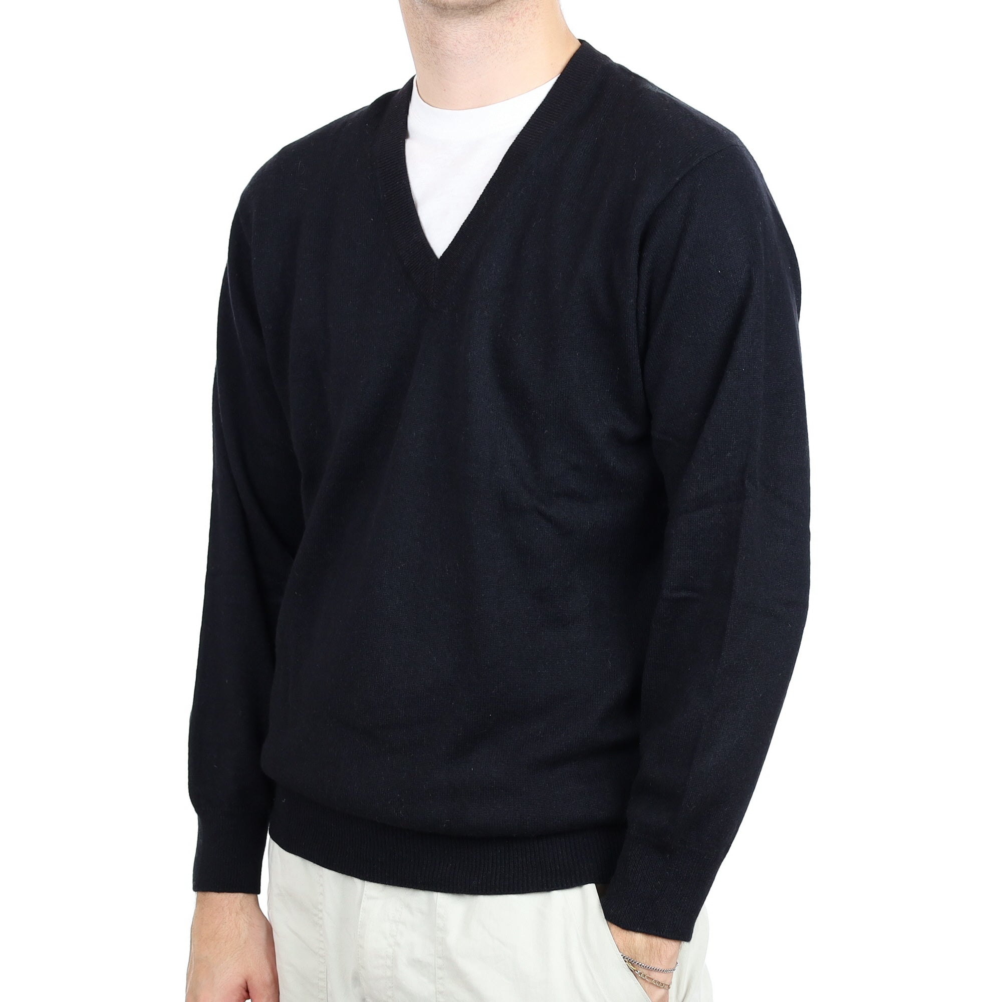 Men's Italian Black Cashmere V Neck Jumper Large