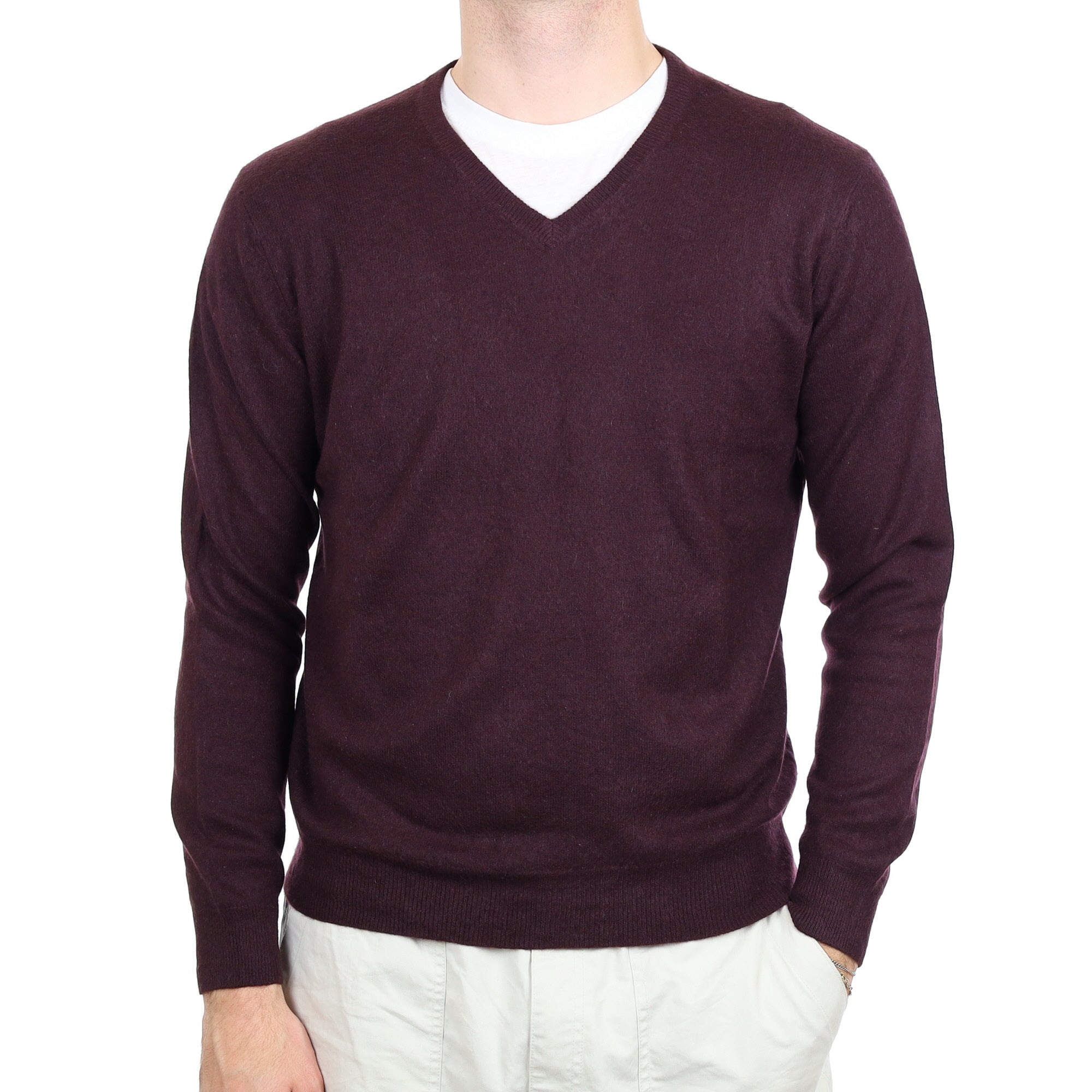 Men's Blackberry Purple Cashmere V Neck Jumper Large