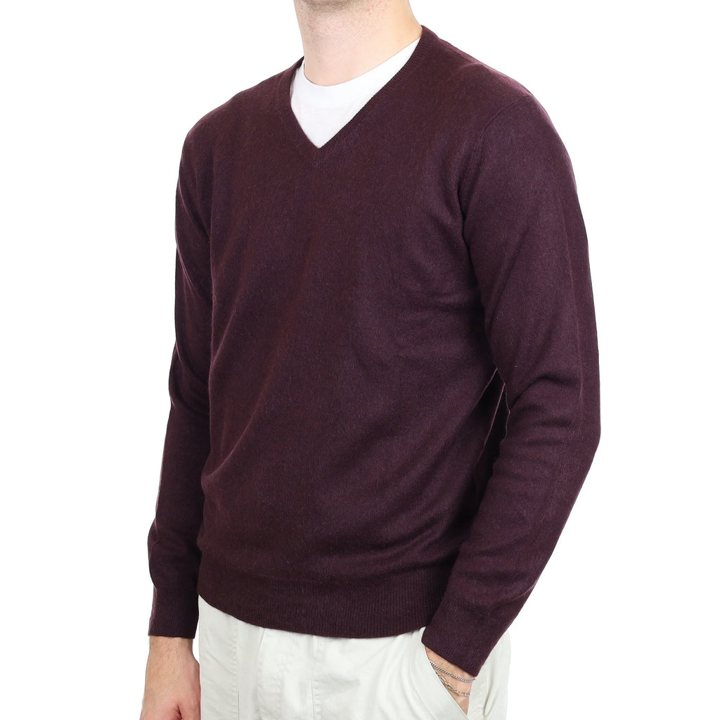 Men's Blackberry Purple Cashmere V Neck Jumper Large