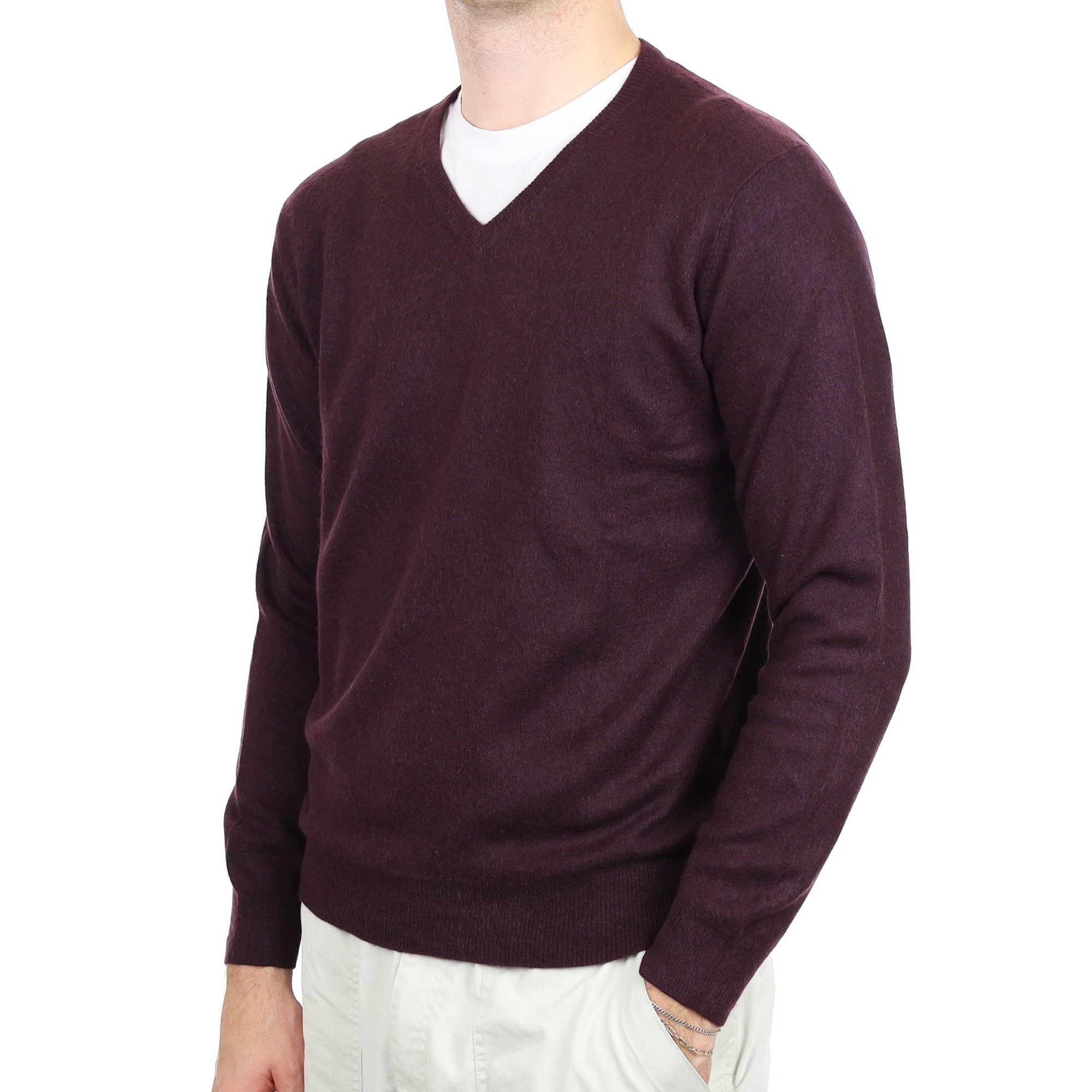 Men's Blackberry Purple Cashmere V Neck Jumper Large