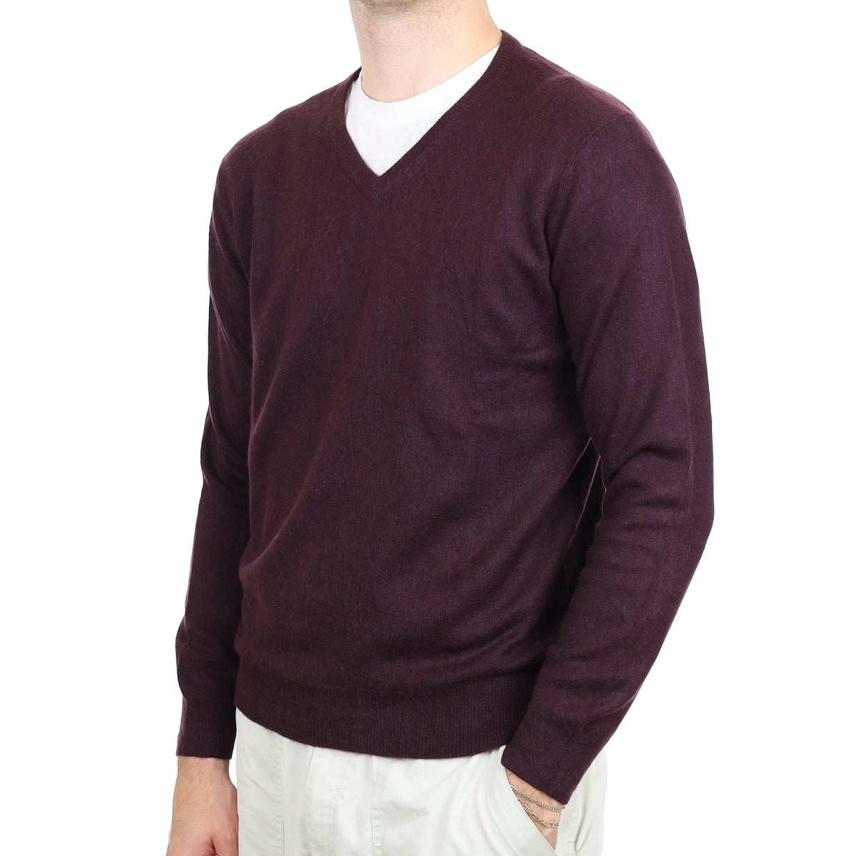 Men's Blackberry Purple Cashmere V Neck Jumper Large