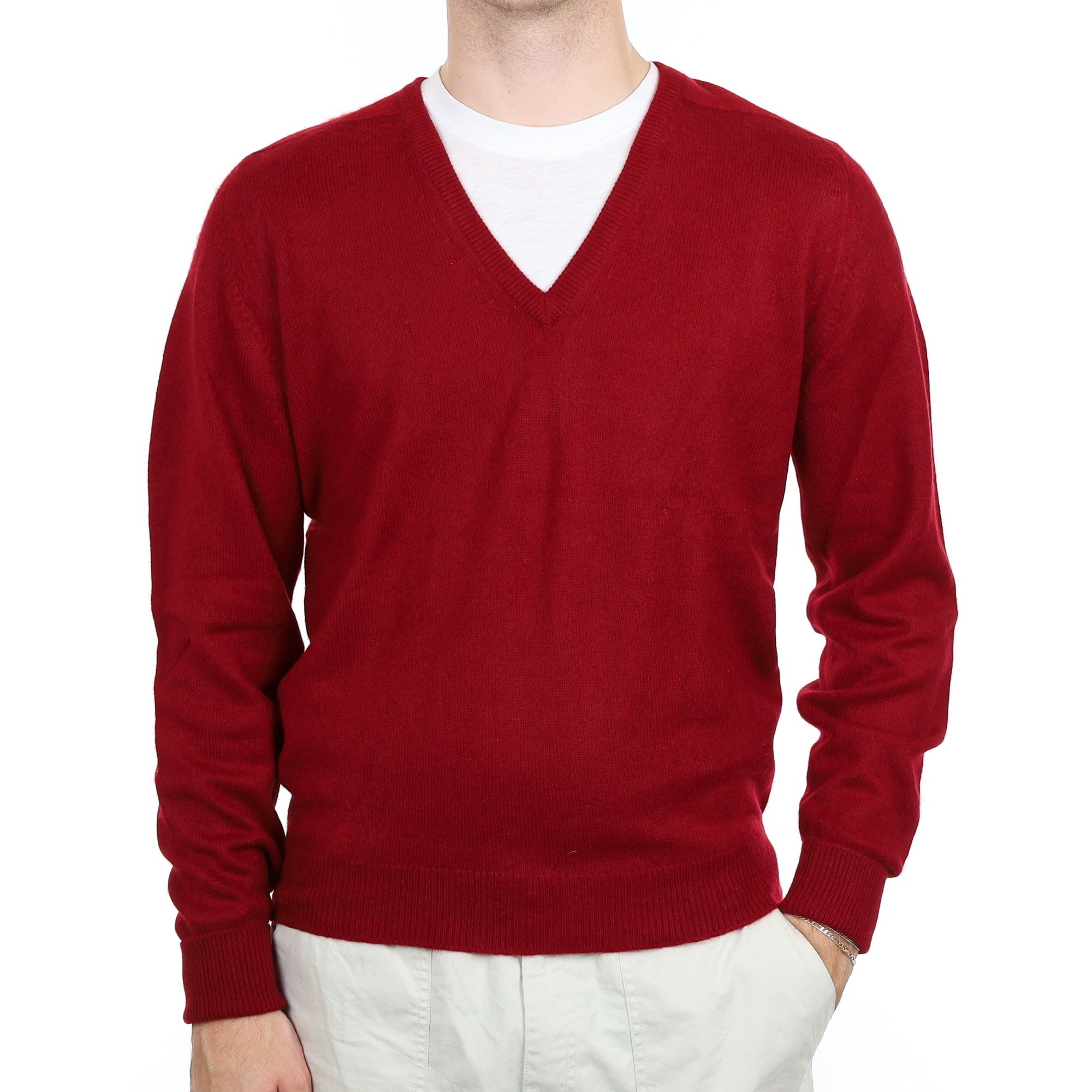 Men's Scottish Burgundy Red Cashmere V Neck Jumper Large