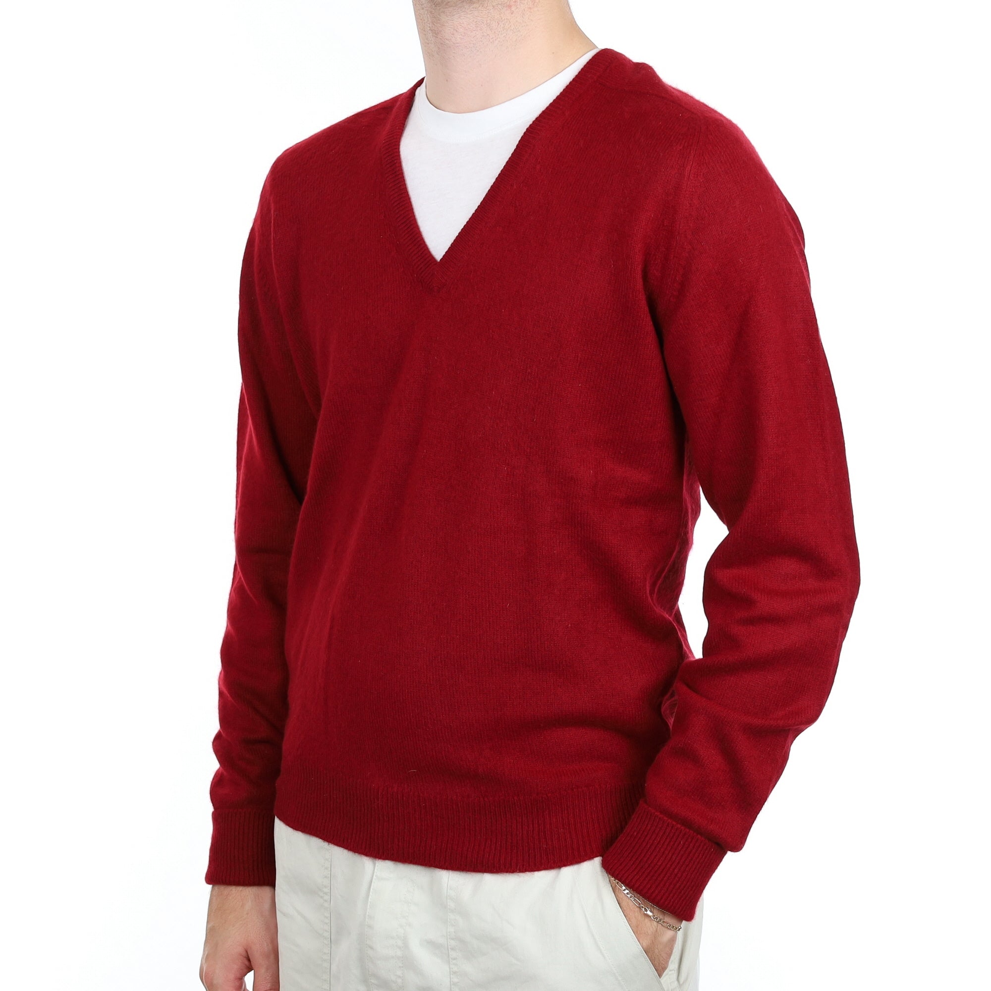 Men's Scottish Burgundy Red Cashmere V Neck Jumper Large