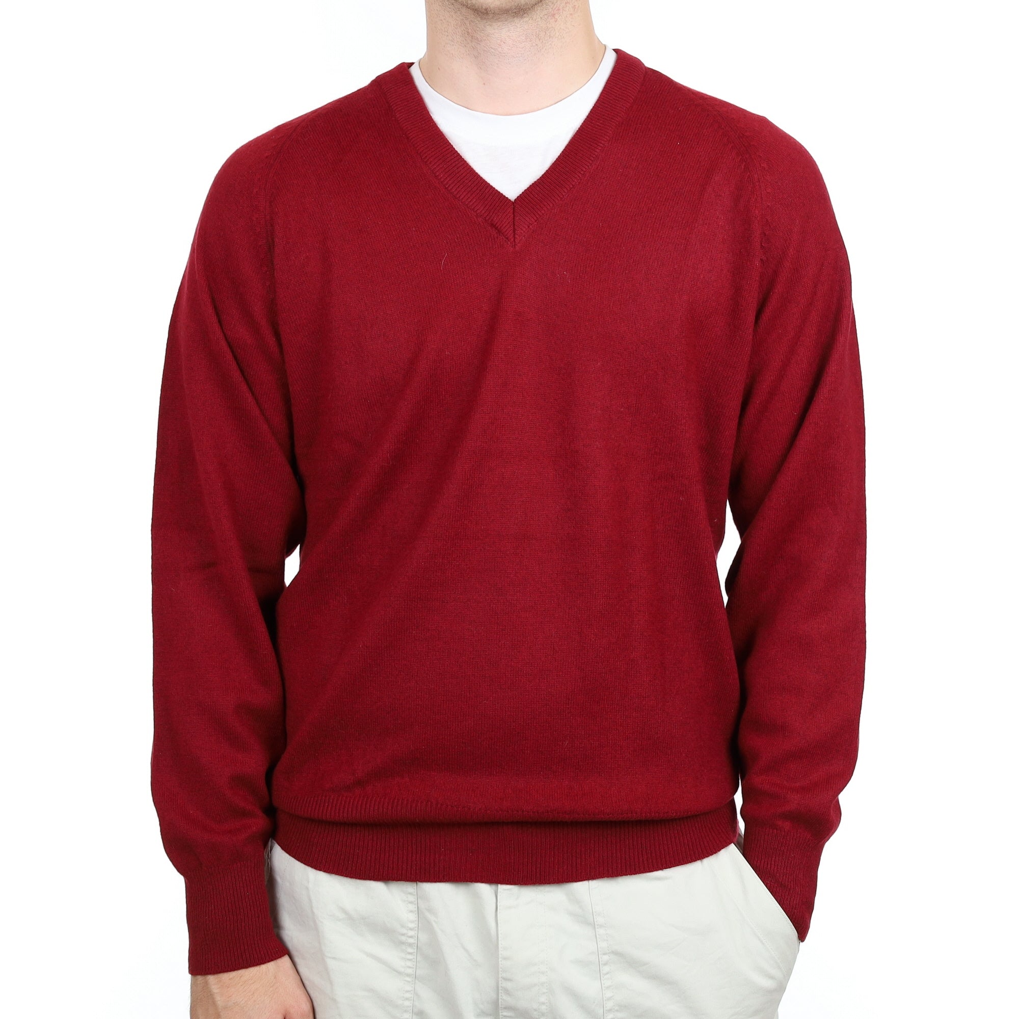 Men's Burgundy Red Cashmere V Neck Jumper Large