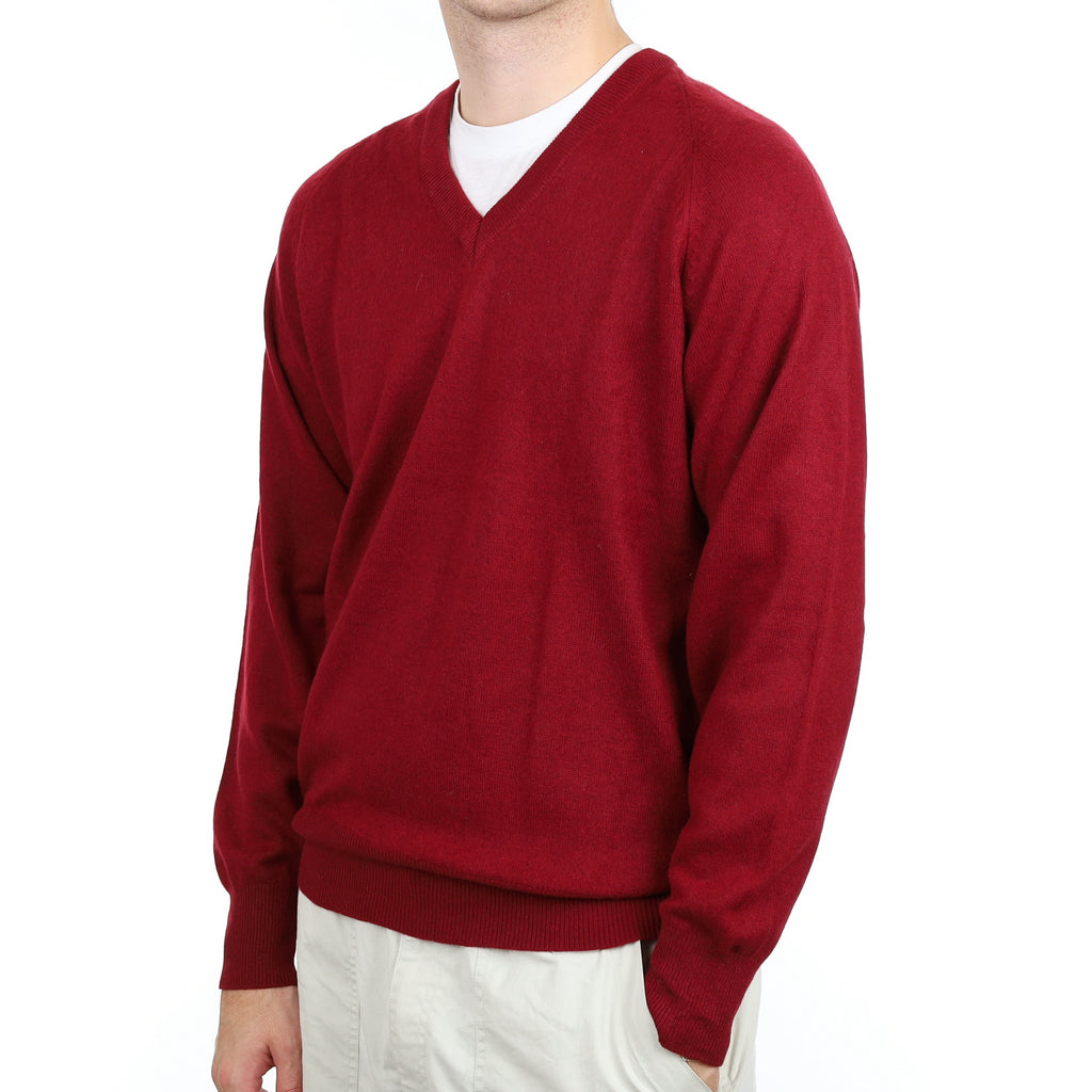 Men's Burgundy Red Cashmere V Neck Jumper Large