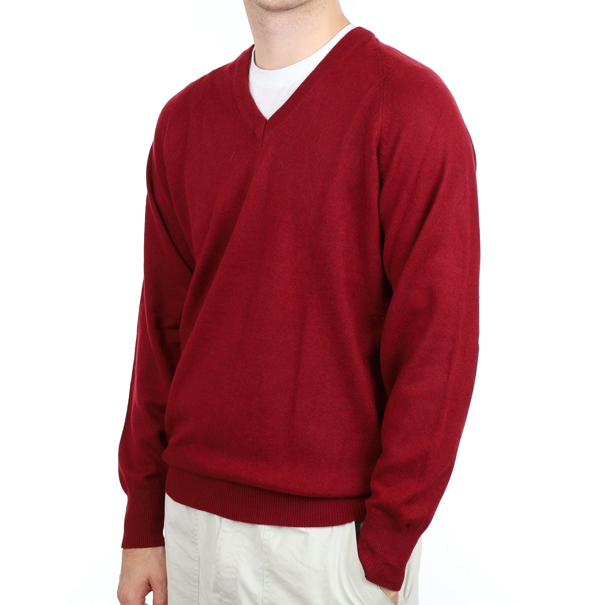 Men's Burgundy Red Cashmere V Neck Jumper Large