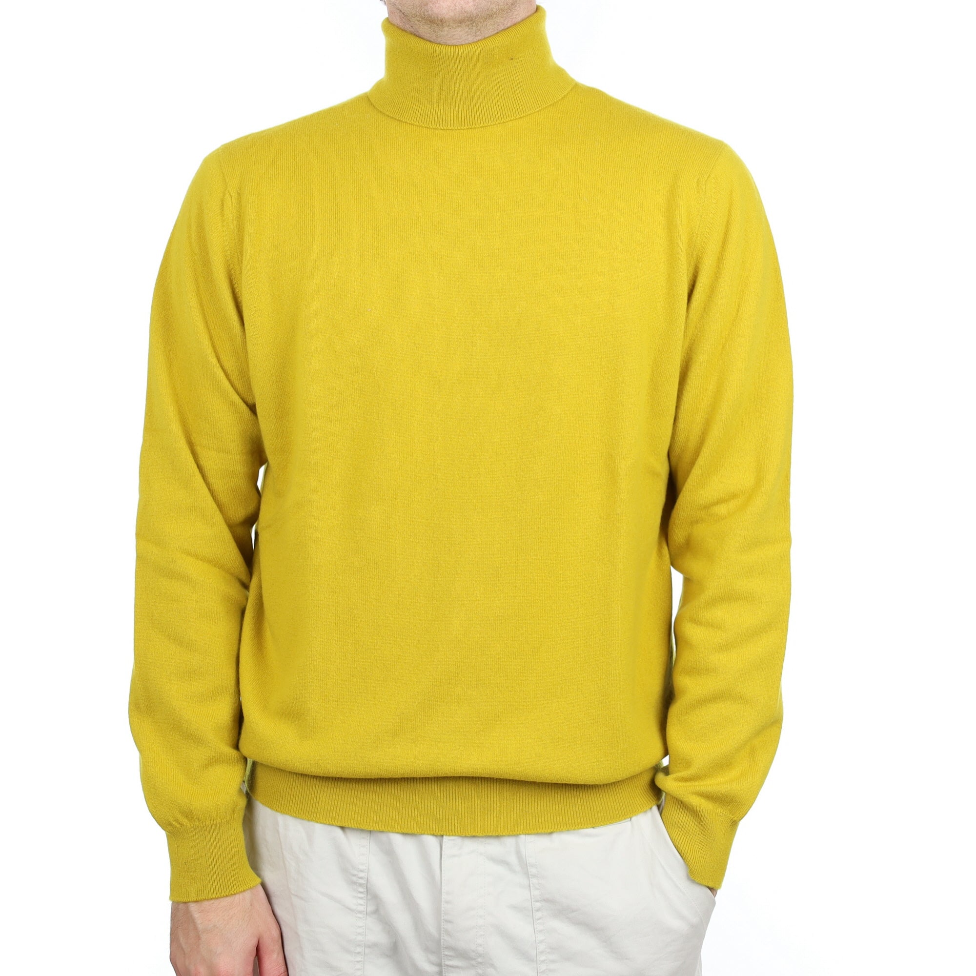 Men's Begg & Co Lichen Yellow Cashmere Polo Neck Jumper Large