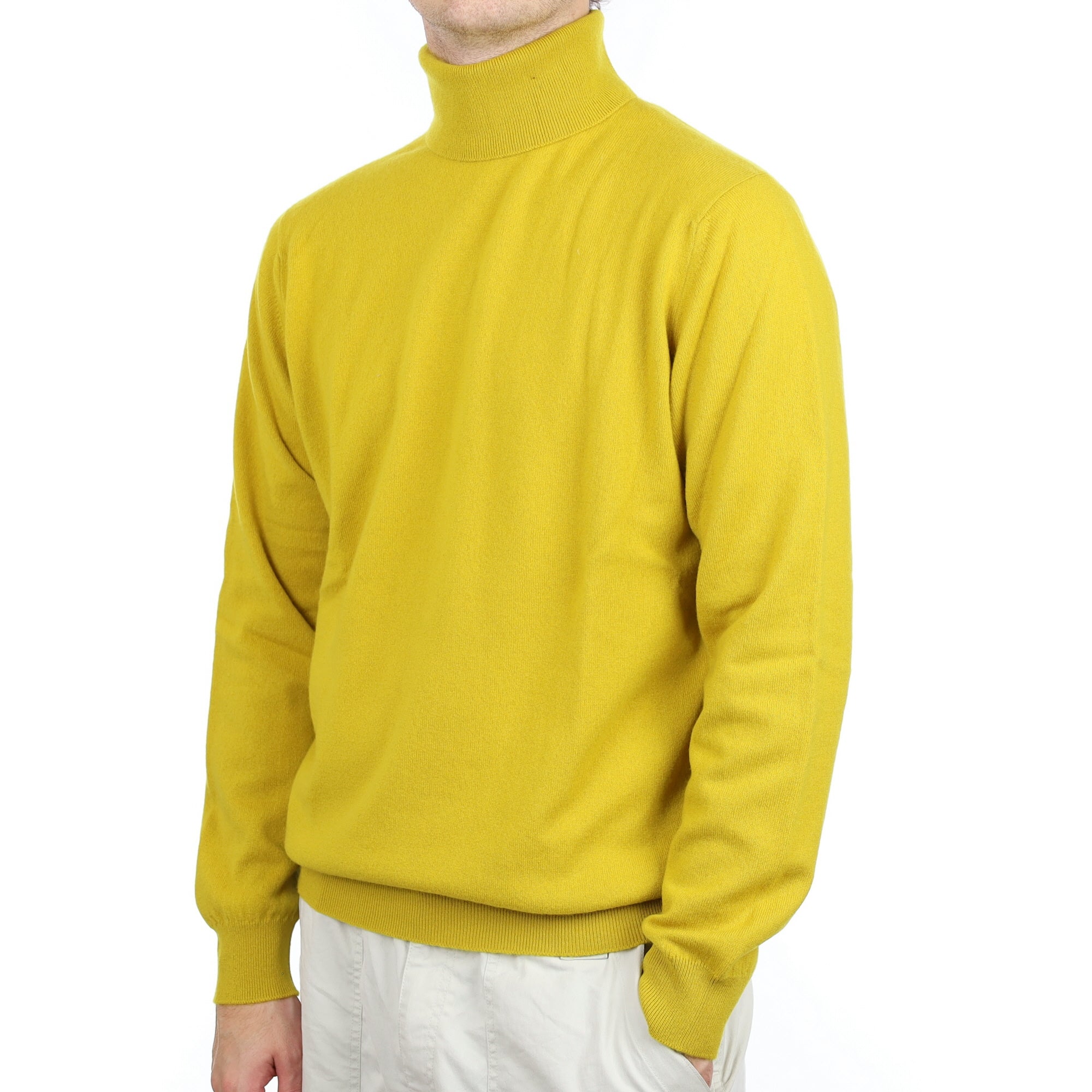 Men's Begg & Co Lichen Yellow Cashmere Polo Neck Jumper Large
