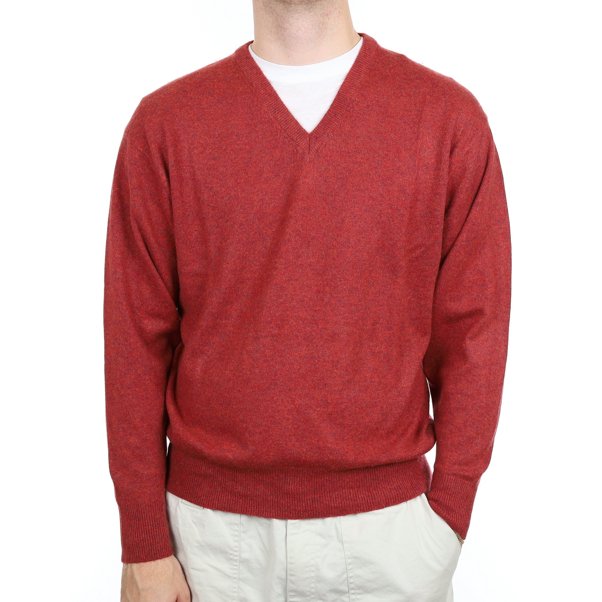 Men's Paprika Red Marl Cashmere V Neck Jumper Large