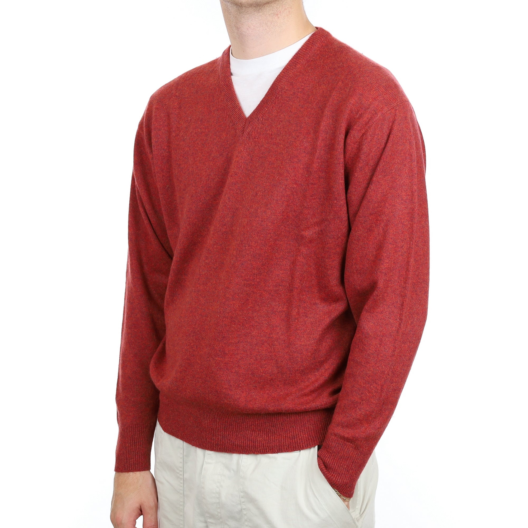 Men's Paprika Red Marl Cashmere V Neck Jumper Large