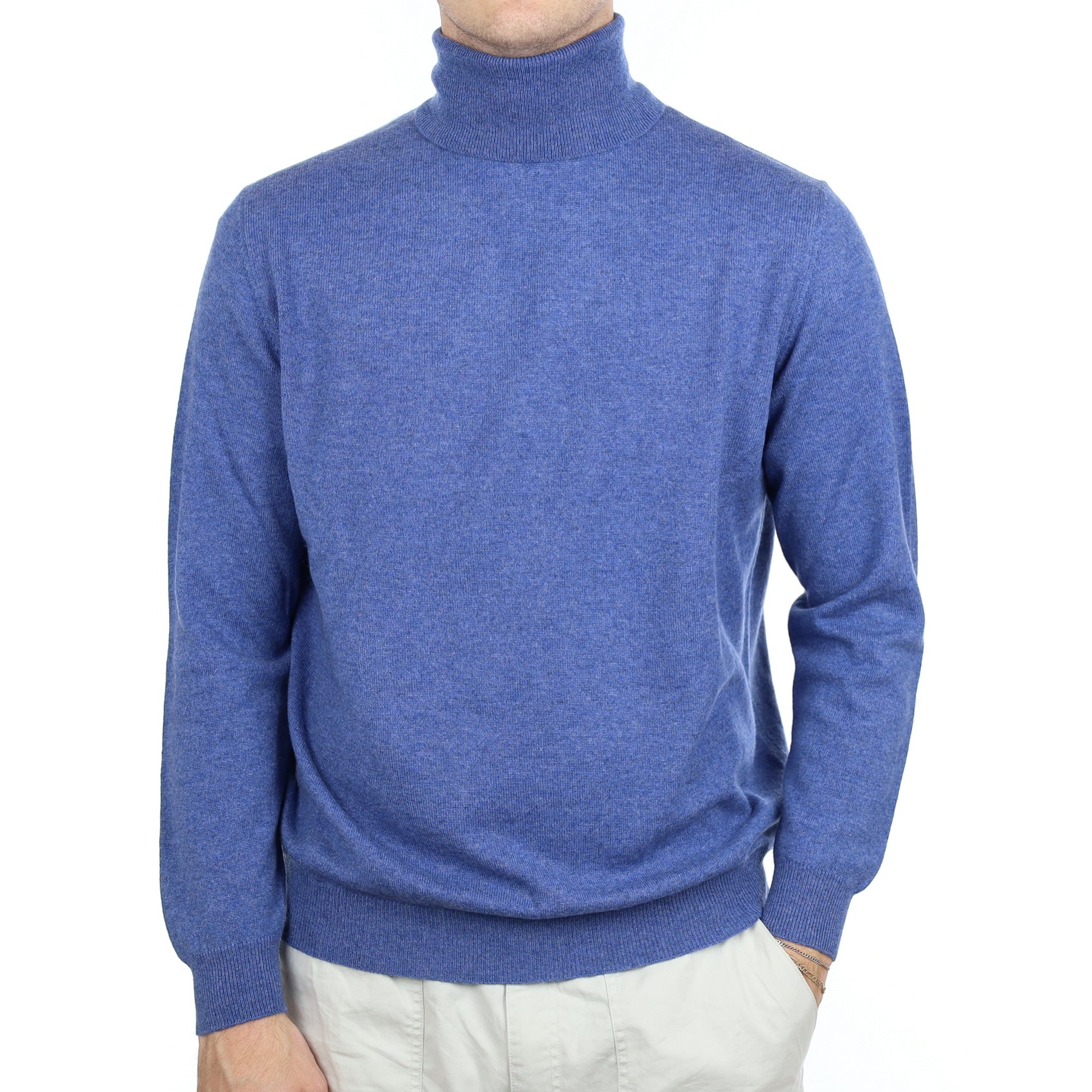 Men's Denim Blue Cashmere Polo Neck Jumper Large