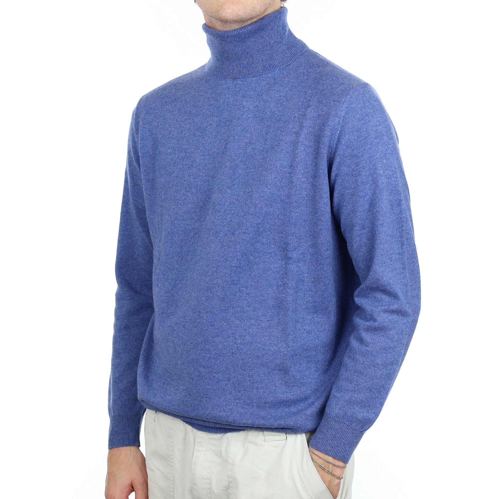 Men's Denim Blue Cashmere Polo Neck Jumper Large