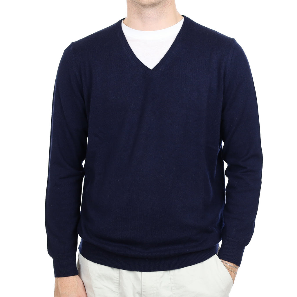 Men's Navy Blue Cashmere V Neck Jumper Large