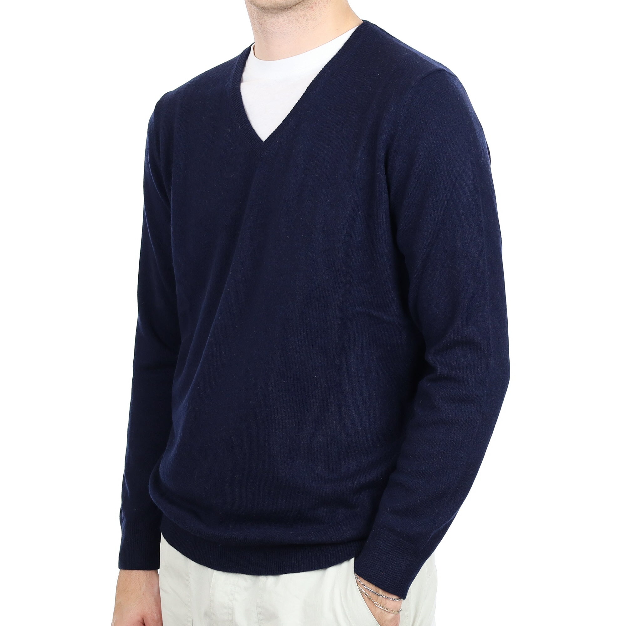 Men's Navy Blue Cashmere V Neck Jumper Large