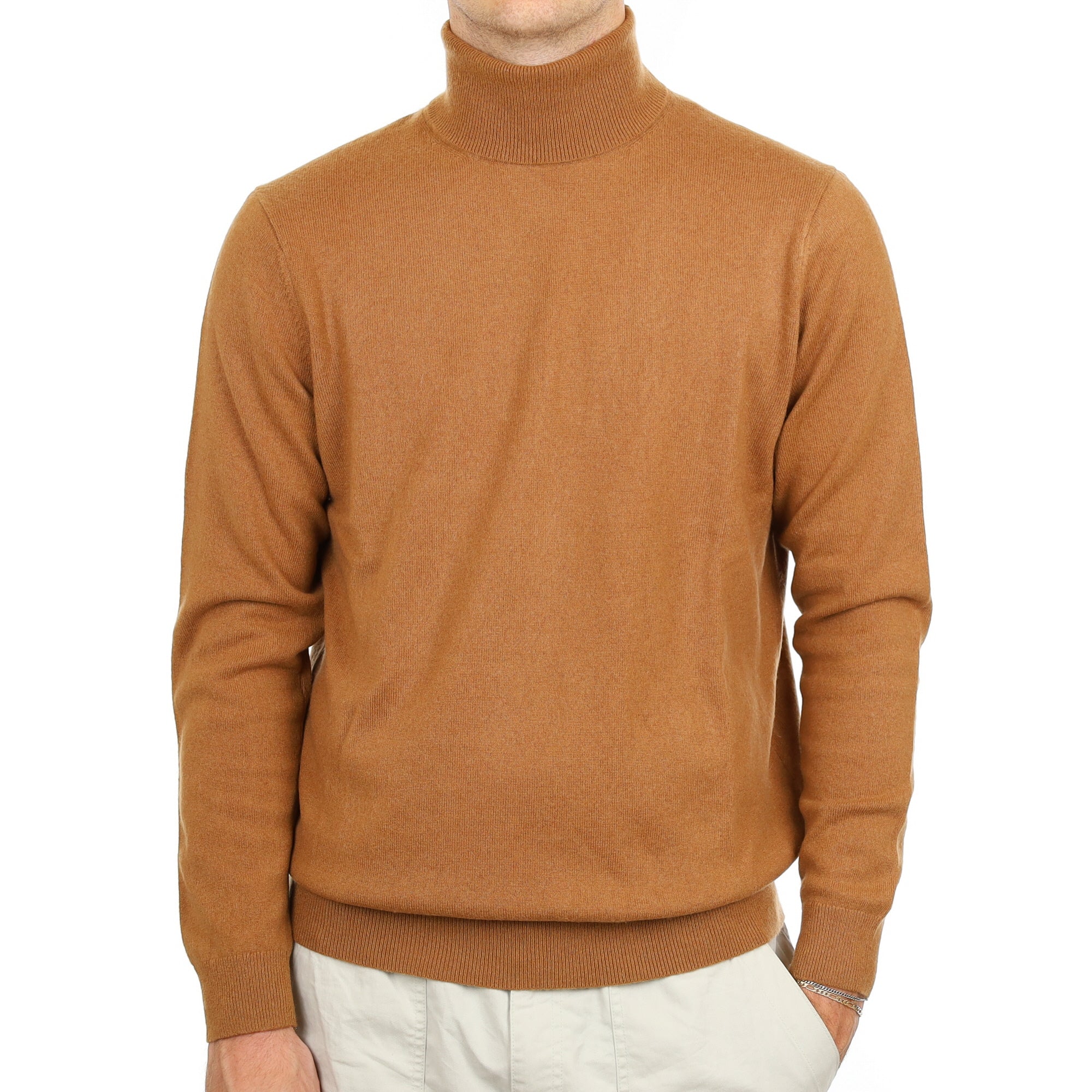 Men's Butterscotch Brown Cashmere Polo Neck Jumper Large