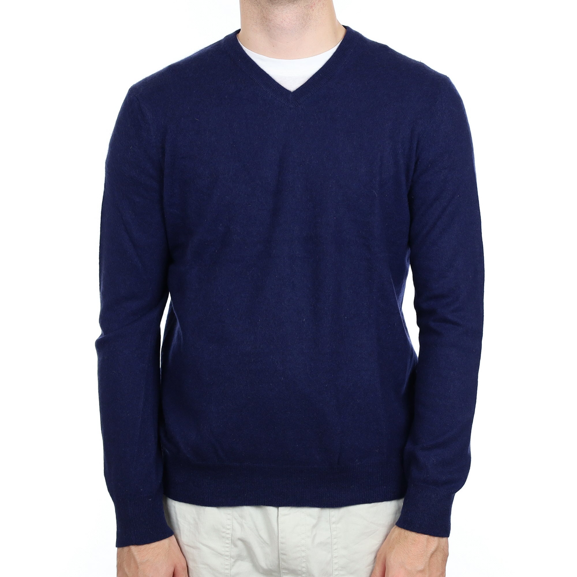Men's Italian Navy Blue Cashmere V Neck Jumper Large