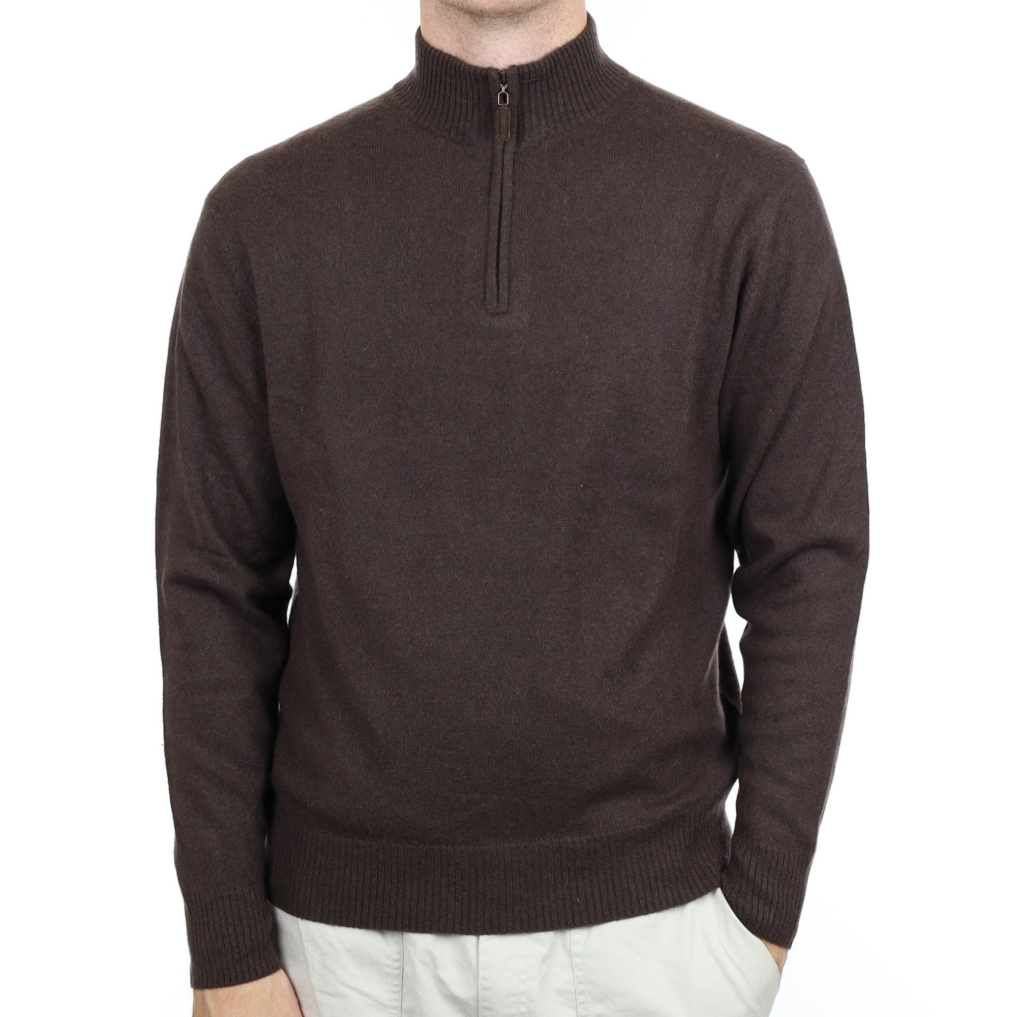 Men's Peppercorn Brown Cashmere Quarter Zip Jumper Large