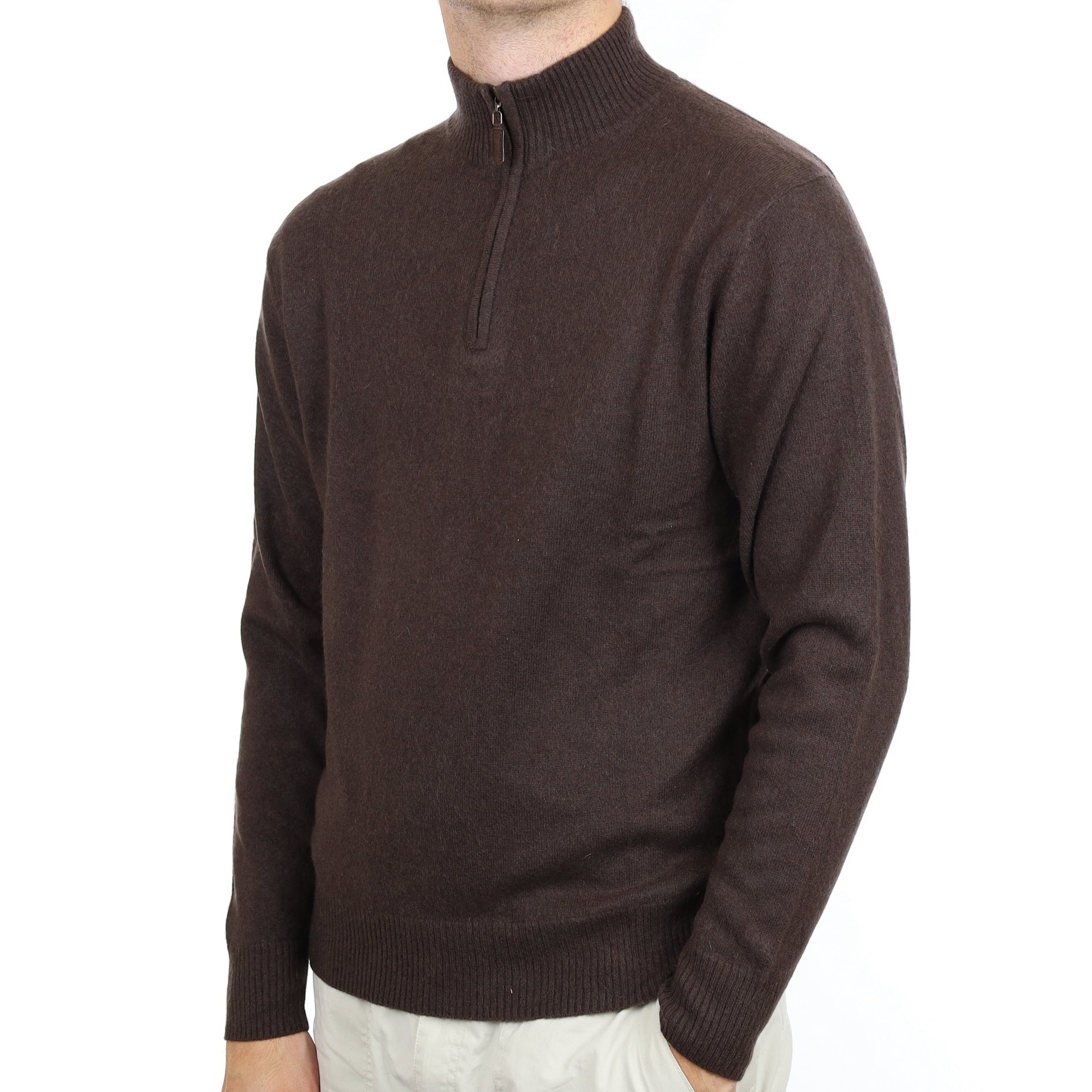 Men's Peppercorn Brown Cashmere Quarter Zip Jumper Large