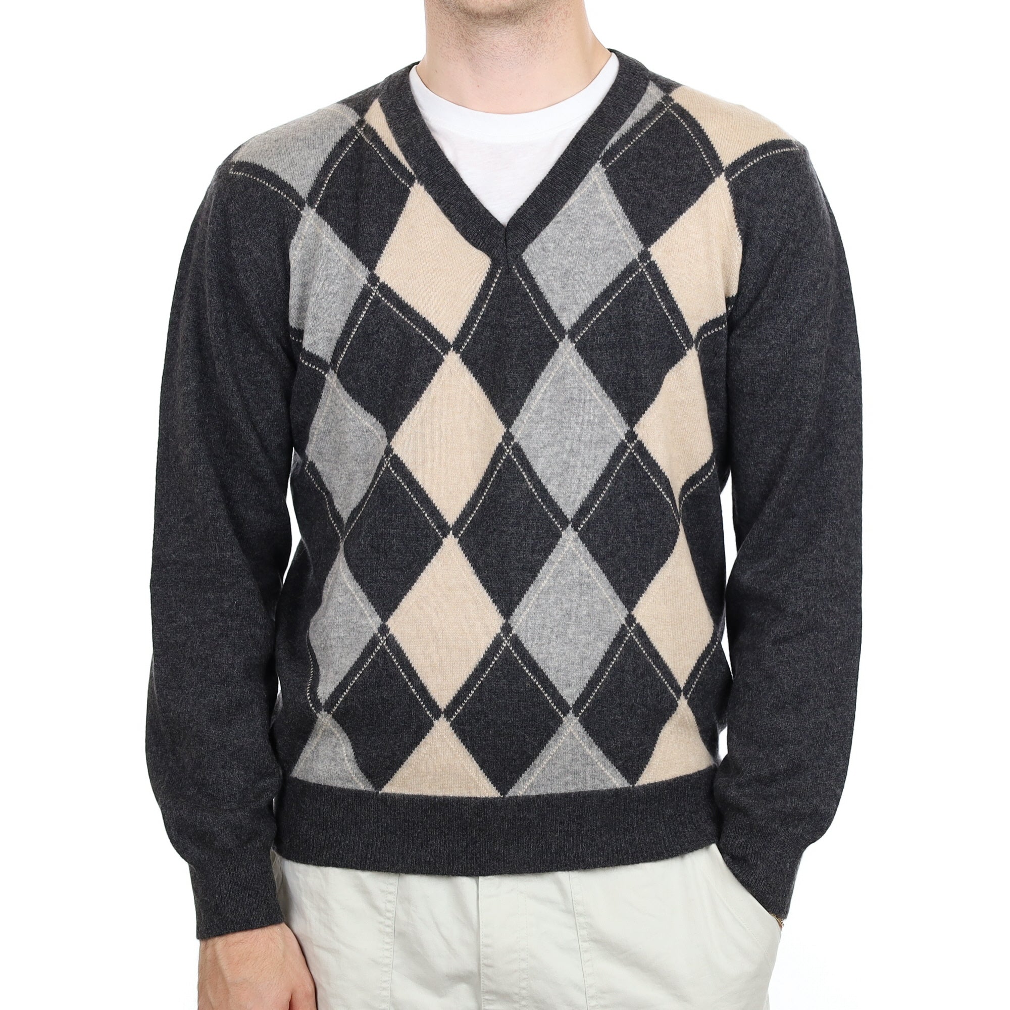 Men's Granite Grey Diamond Cashmere V Neck Jumper Large