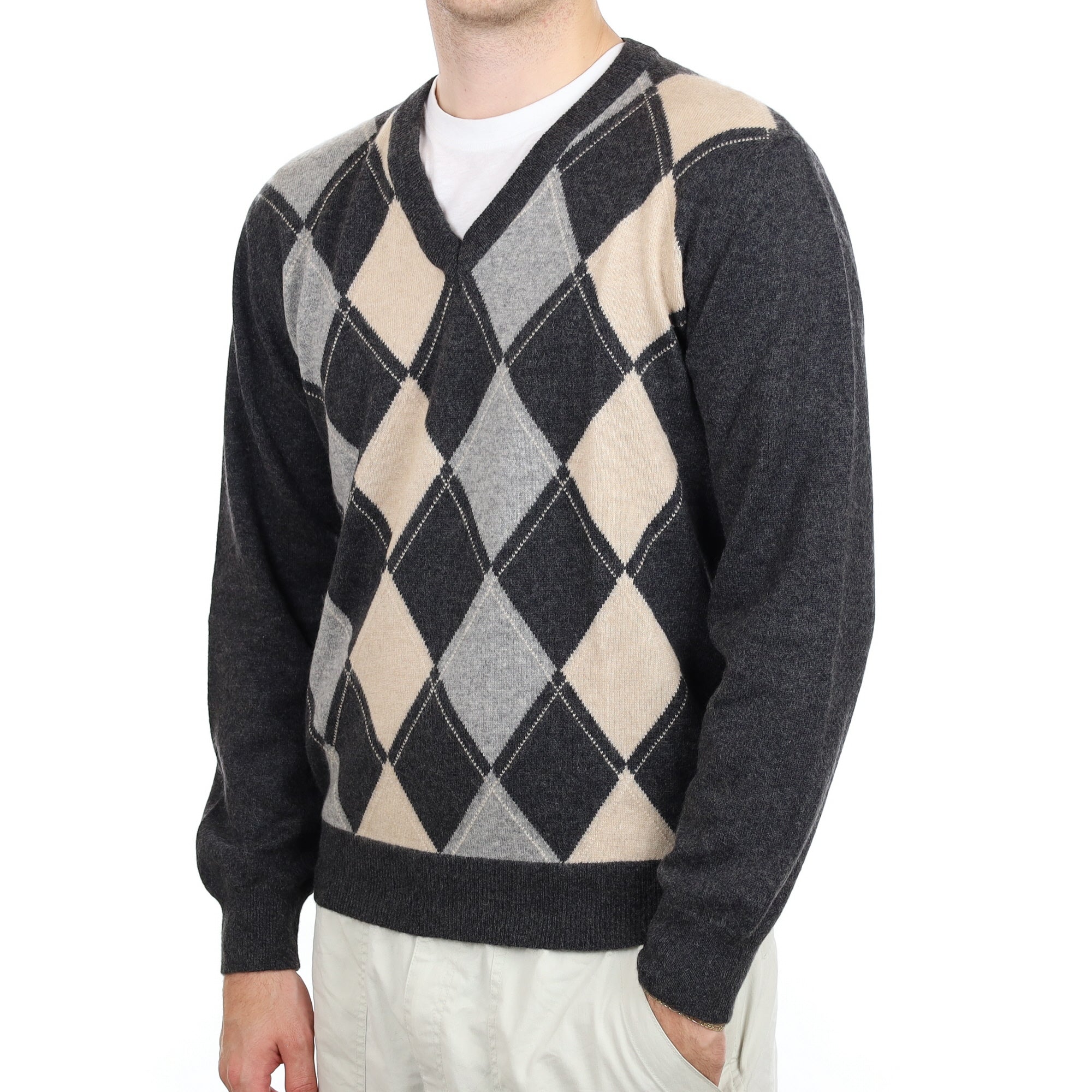 Men's Granite Grey Diamond Cashmere V Neck Jumper Large
