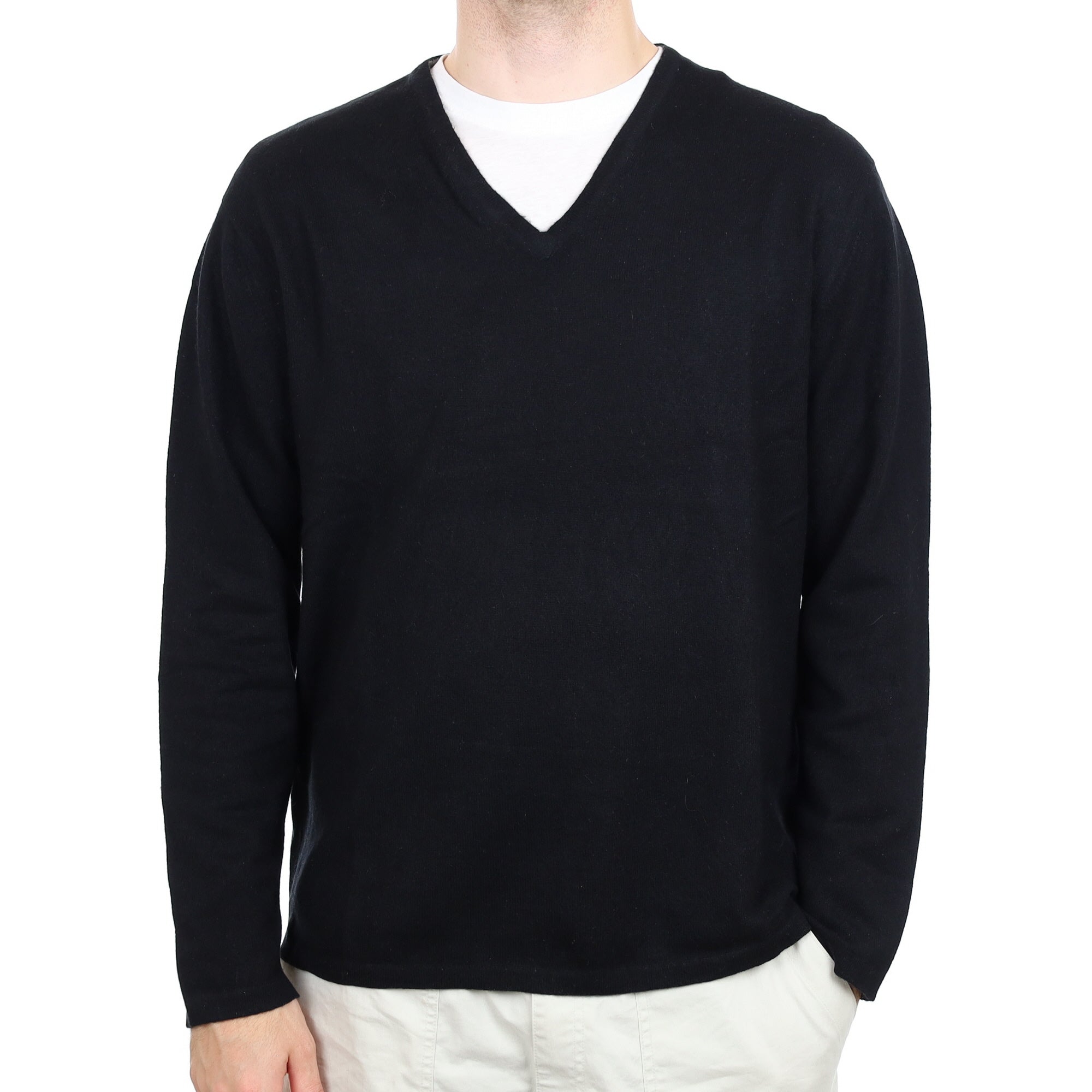 Men's Brora Black Cashmere V Neck Jumper Large
