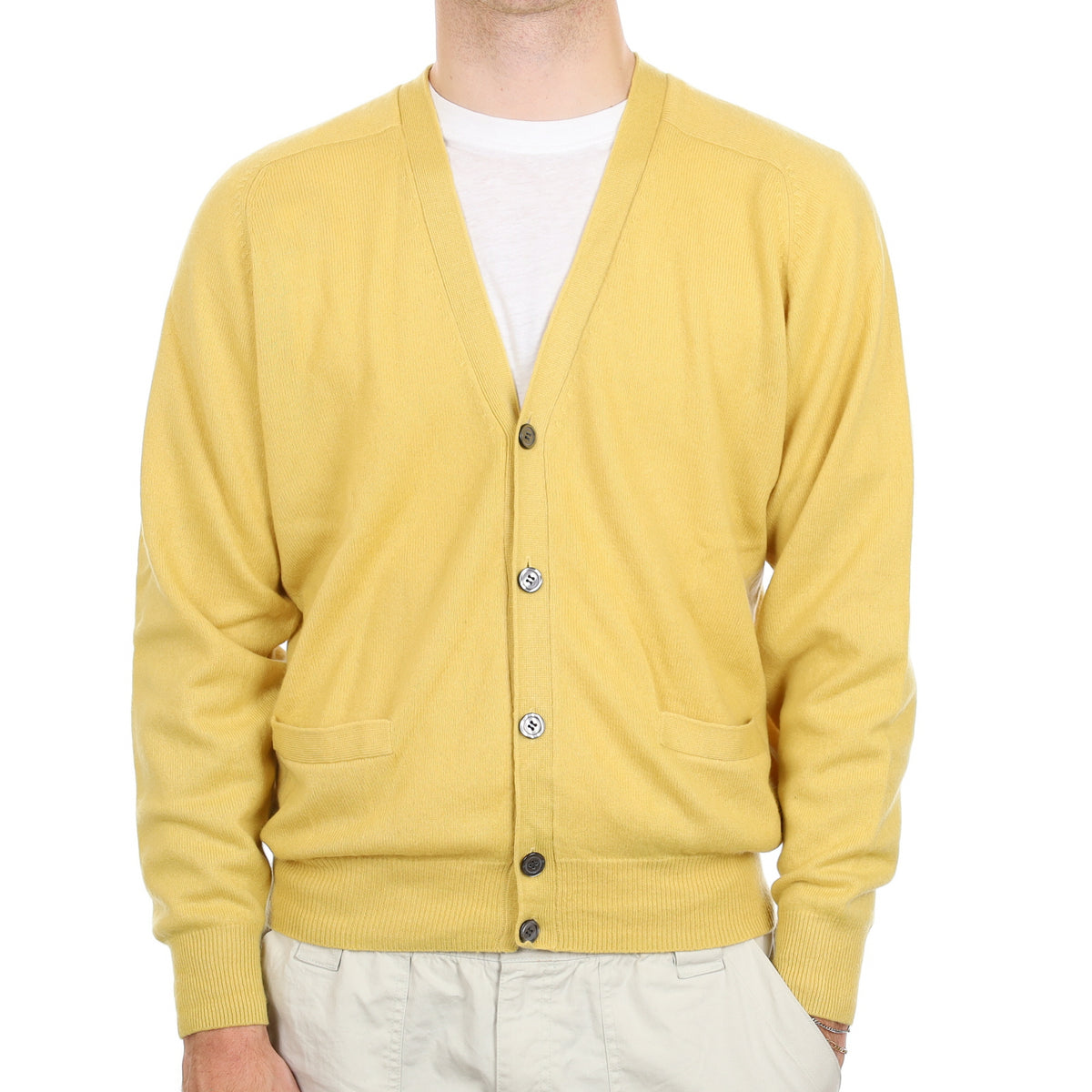 Men's Flaxen Yellow Cashmere V Neck Cardigan with Pockets Large