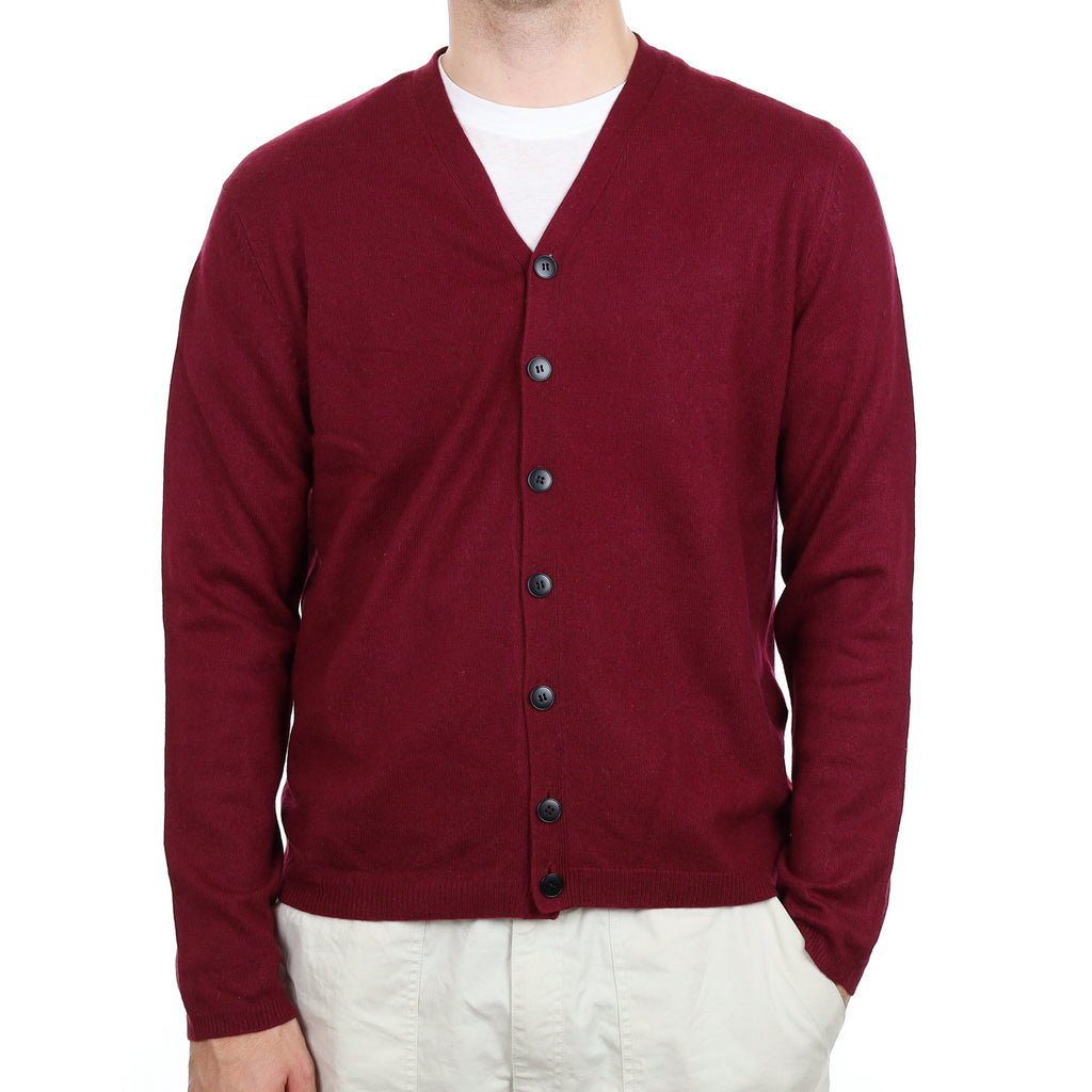 Men's Wine Red Cashmere V Neck Cardigan Large