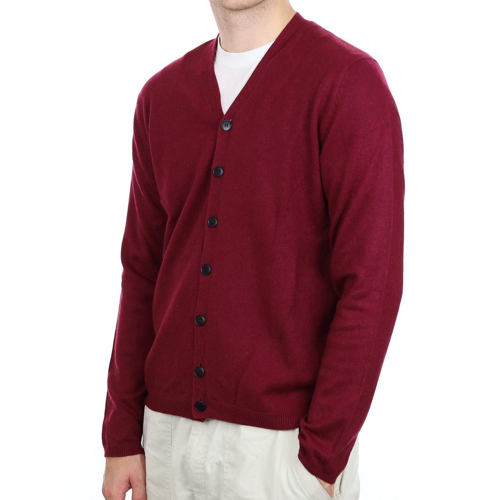 Men's Wine Red Cashmere V Neck Cardigan Large