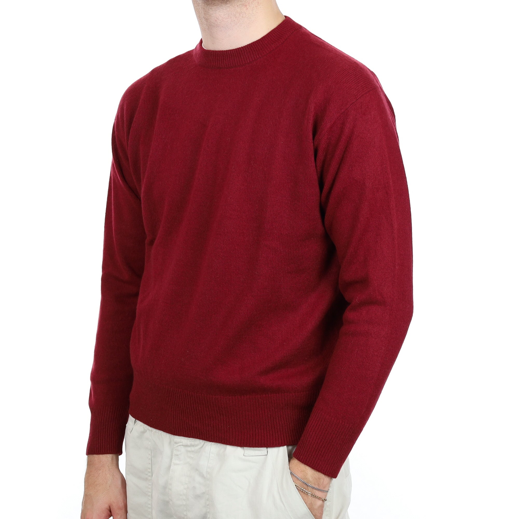 Men's Burgundy Red Cashmere Crew Neck Jumper Large
