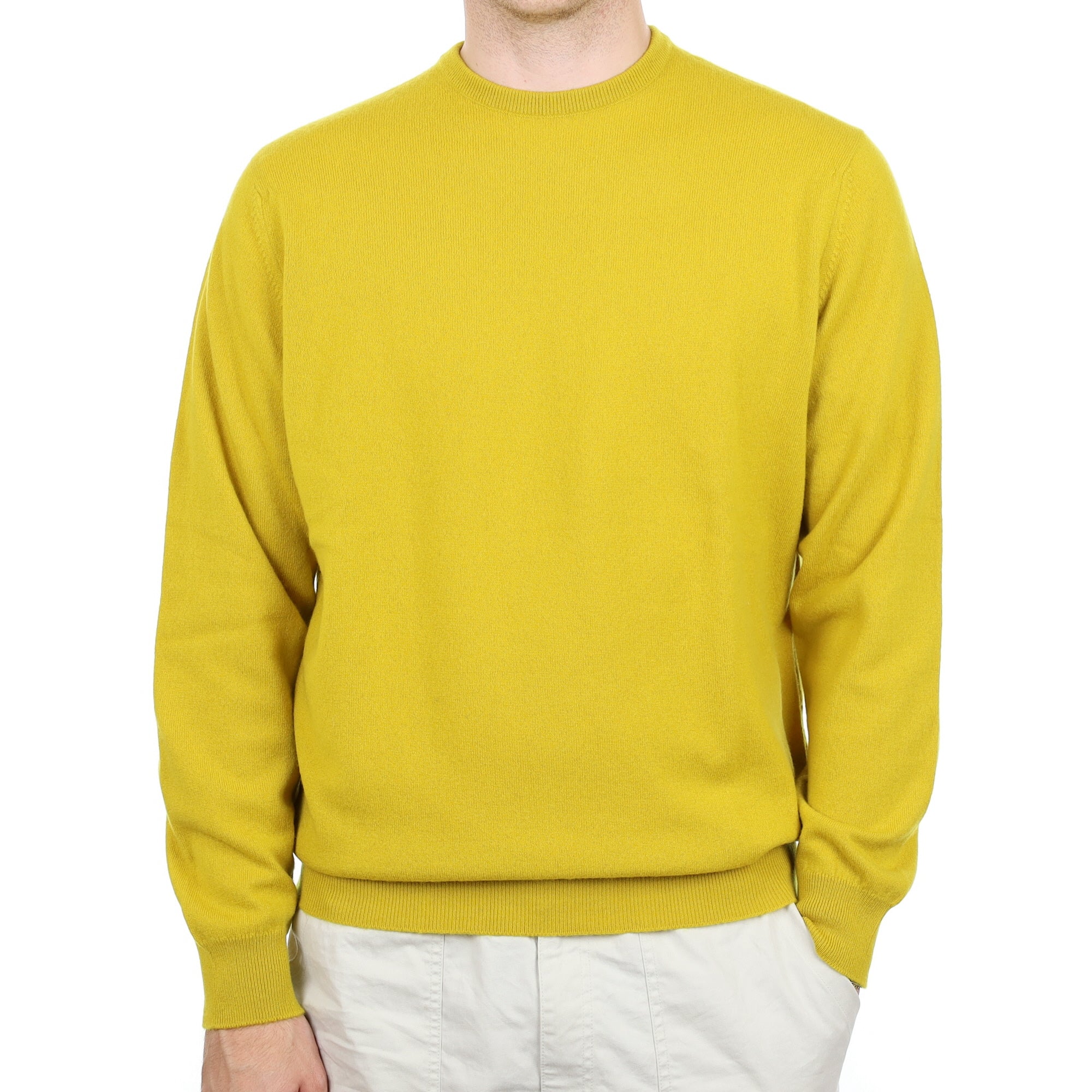Men's Begg & Co Mustard Yellow Cashmere Crew Neck Jumper Large