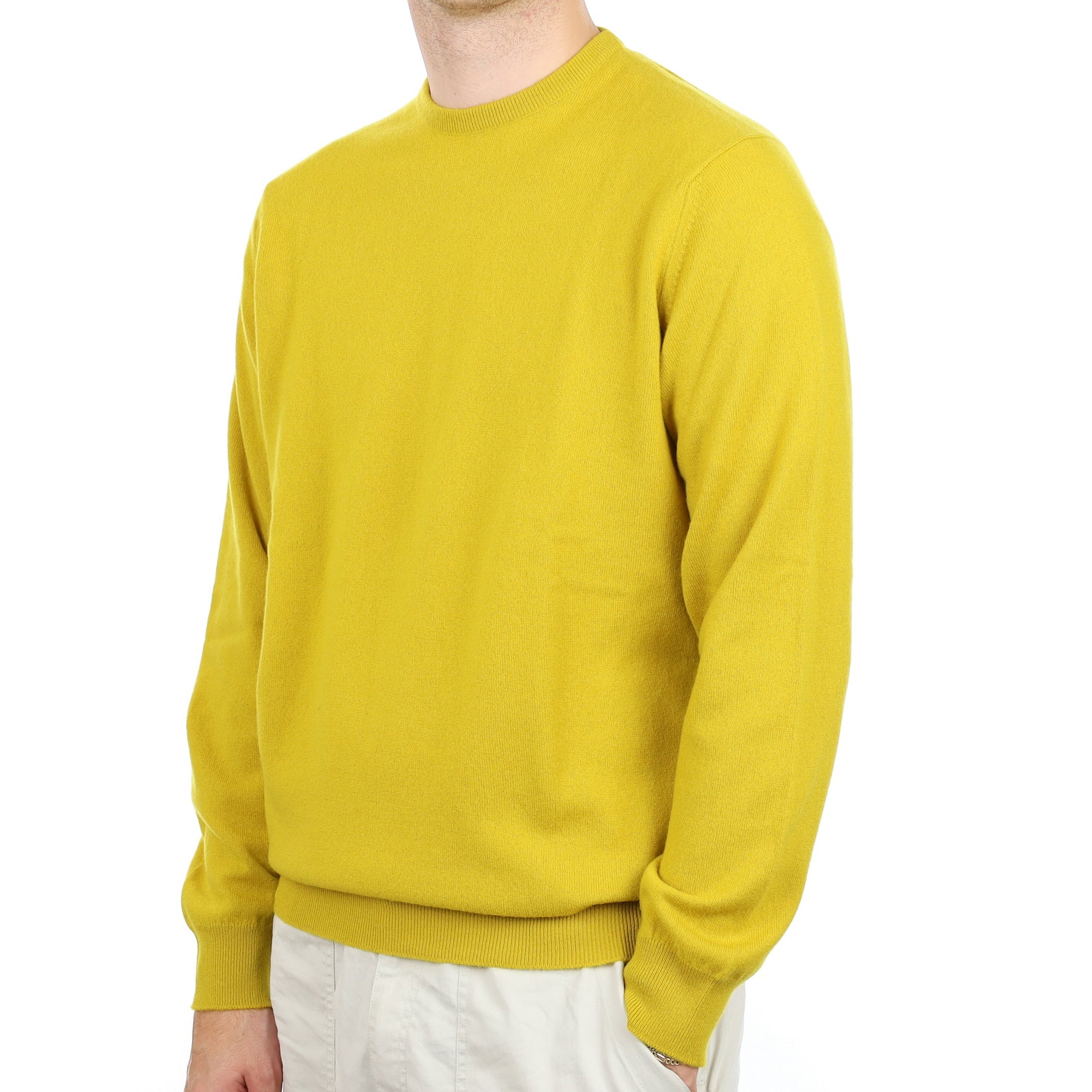 Men's Begg & Co Mustard Yellow Cashmere Crew Neck Jumper Large