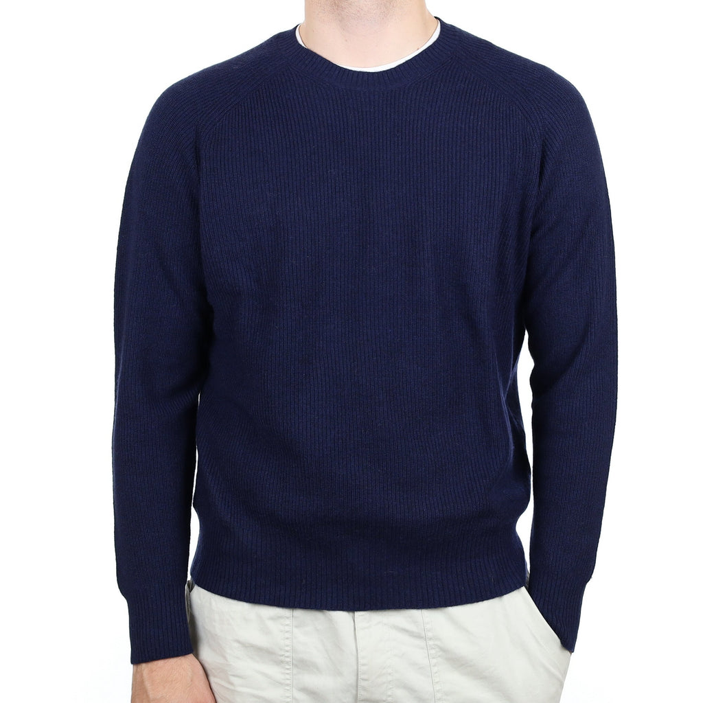 Men's Navy Rib Cashmere Crew Neck Jumper Large