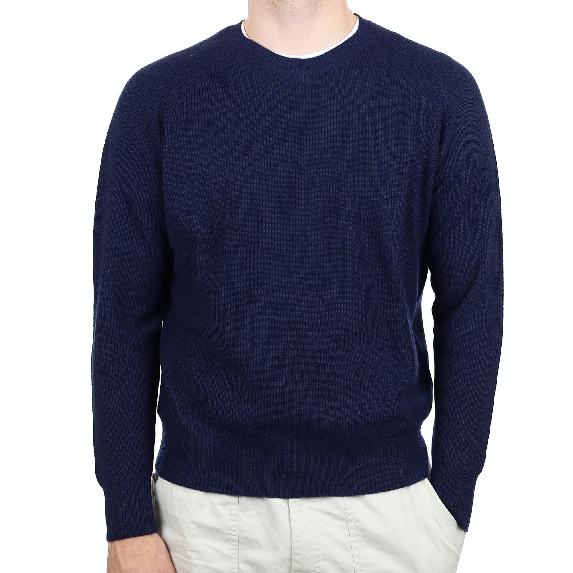 Men's Navy Rib Cashmere Crew Neck Jumper Large