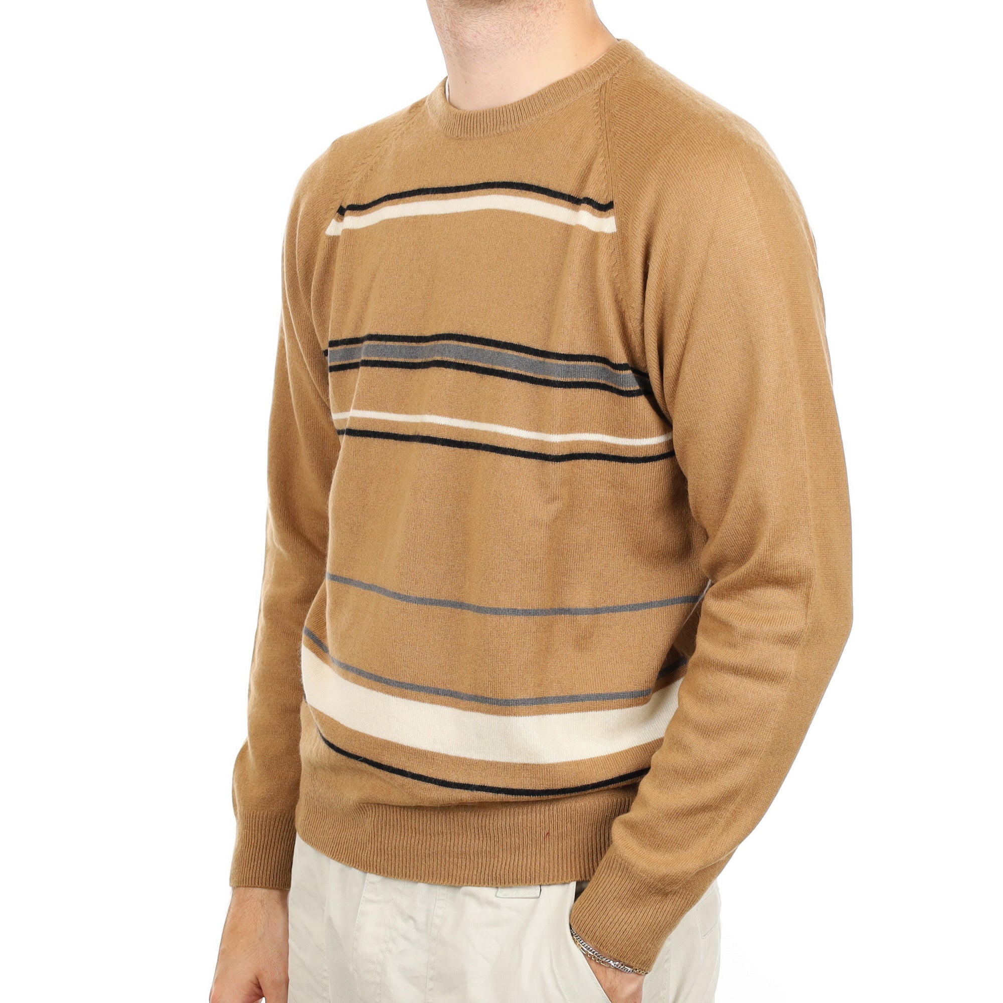 Men's Camel Stripe Cashmere Crew Neck Jumper Large