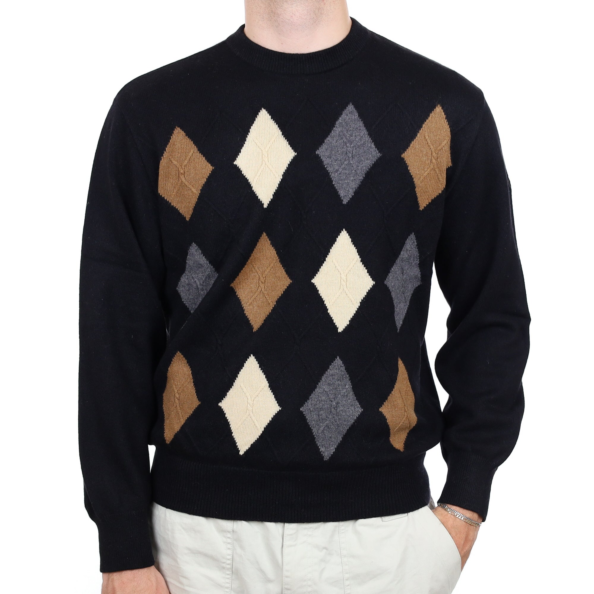 Men's Black Neutral Diamond Cashmere Crew Neck Jumper Large