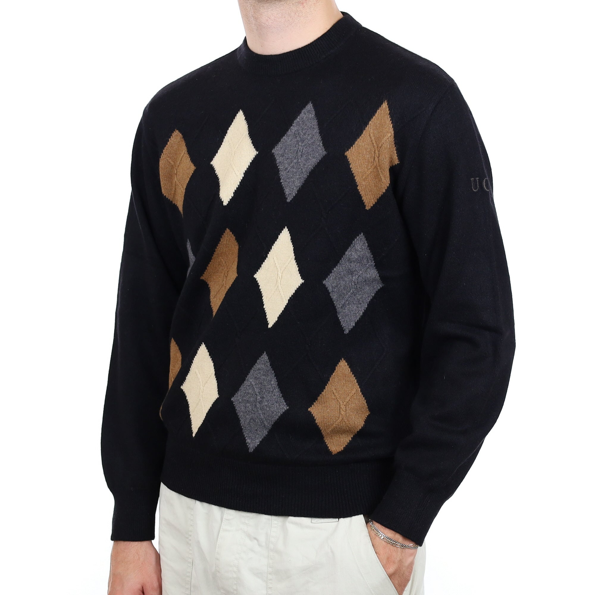 Men's Black Neutral Diamond Cashmere Crew Neck Jumper Large