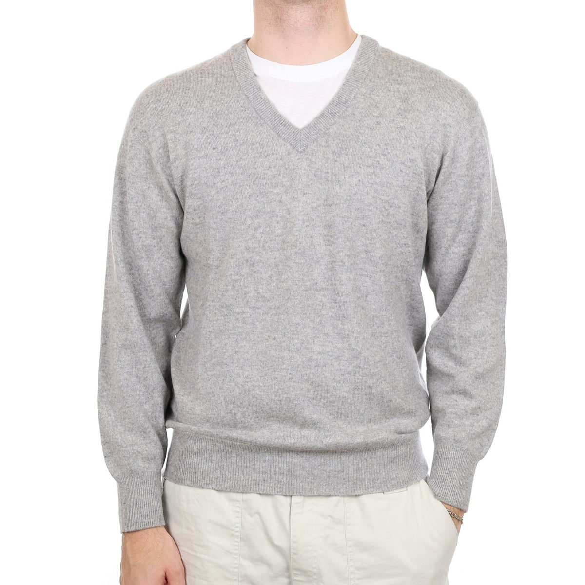 Men's Smoke Grey Cashmere V Neck Jumper Large
