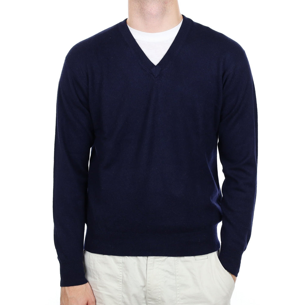 Men's Navy Blue Cashmere V Neck Jumper Large