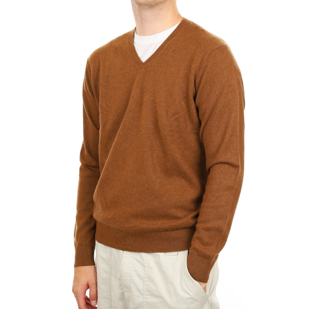 Men's Chestnut Brown Cashmere V Neck Jumper Large