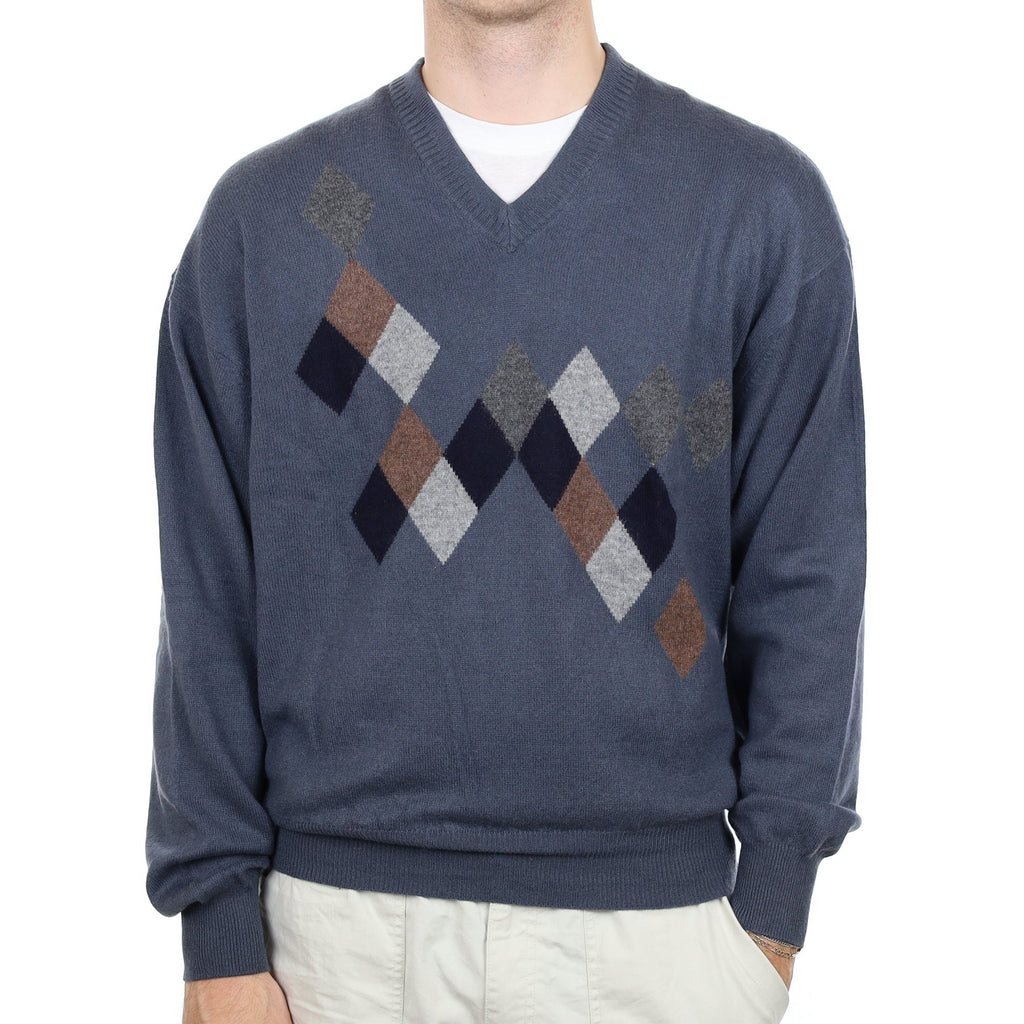 Men's  Pebble Grey Diamond Cashmere V Neck Jumper Large